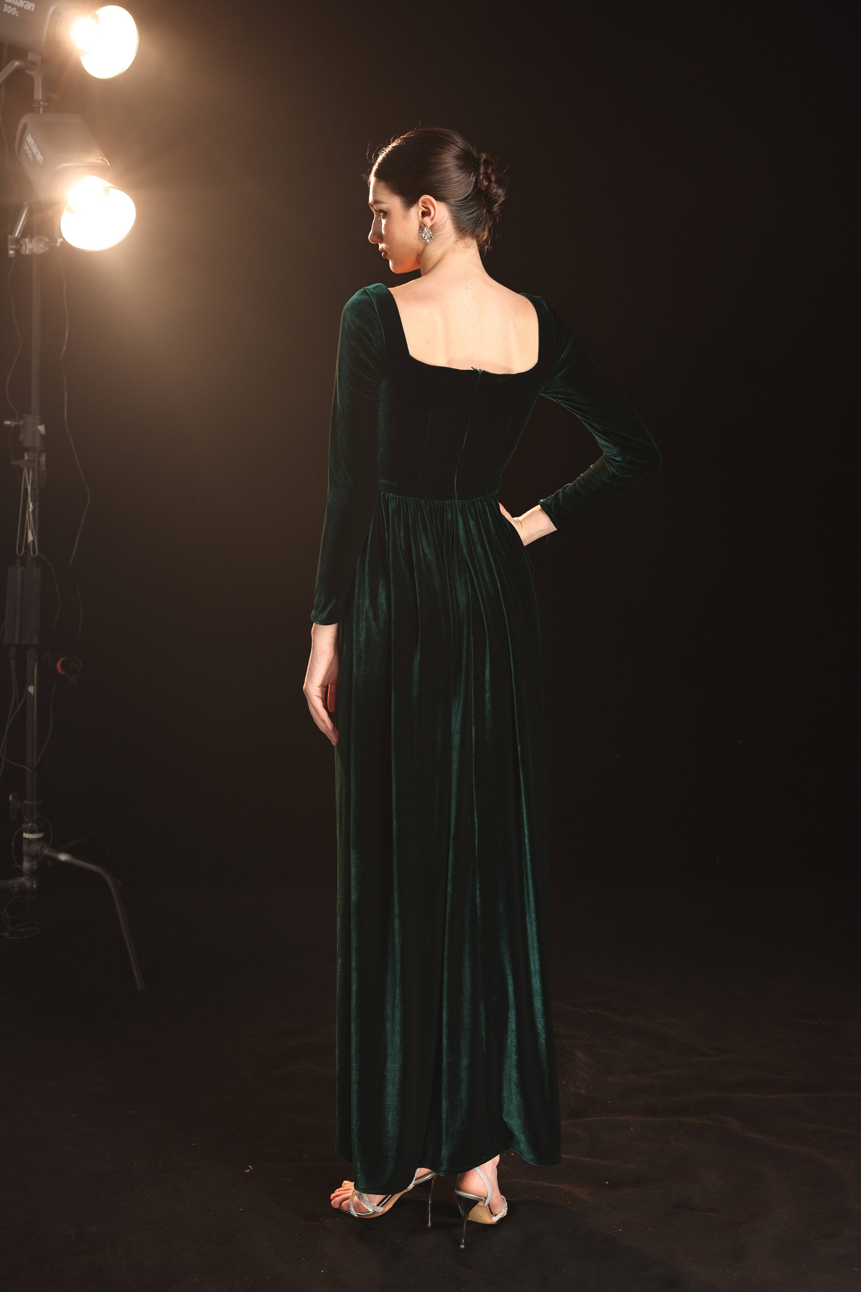 Square neck velvet formal gown