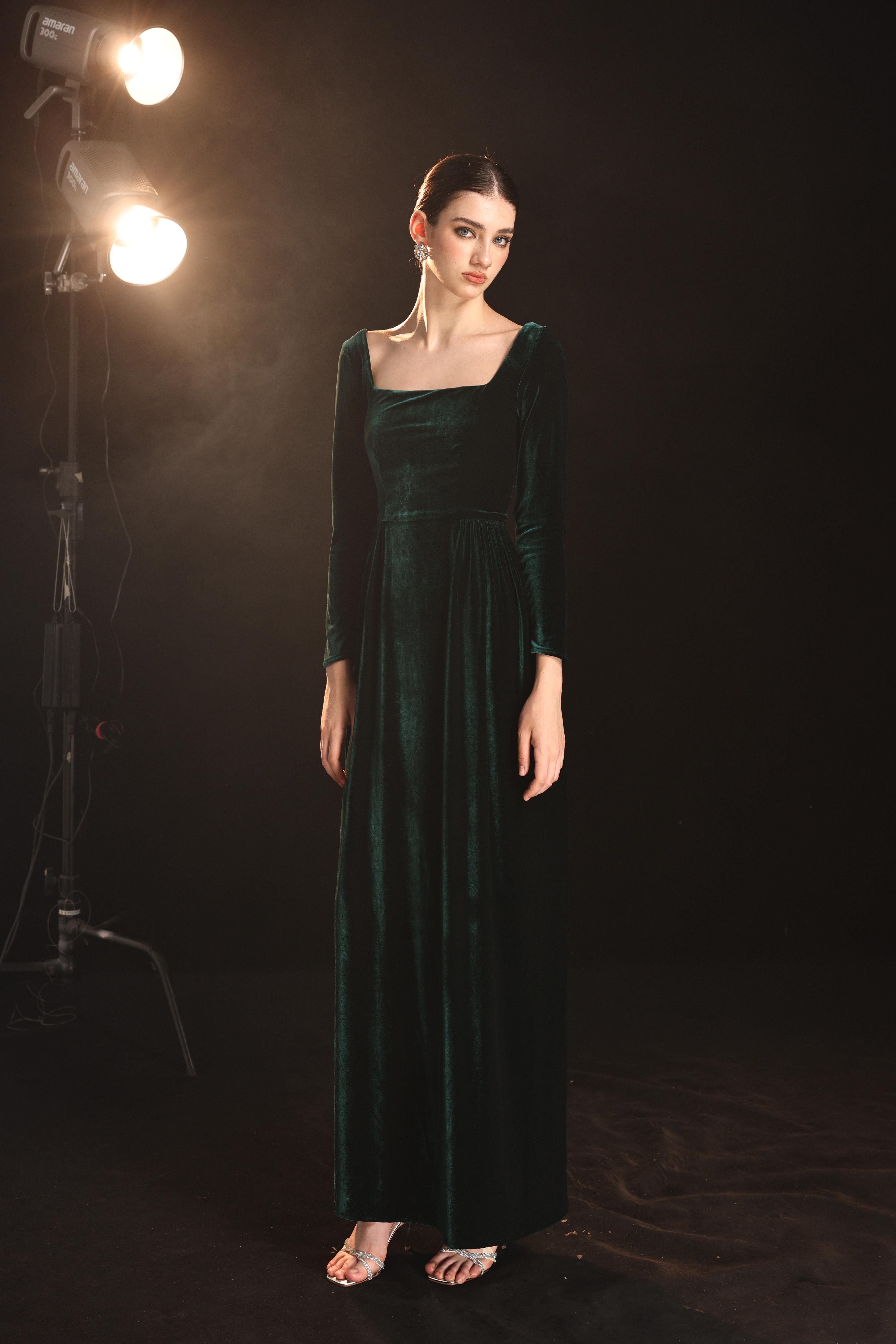 Square neck velvet formal gown