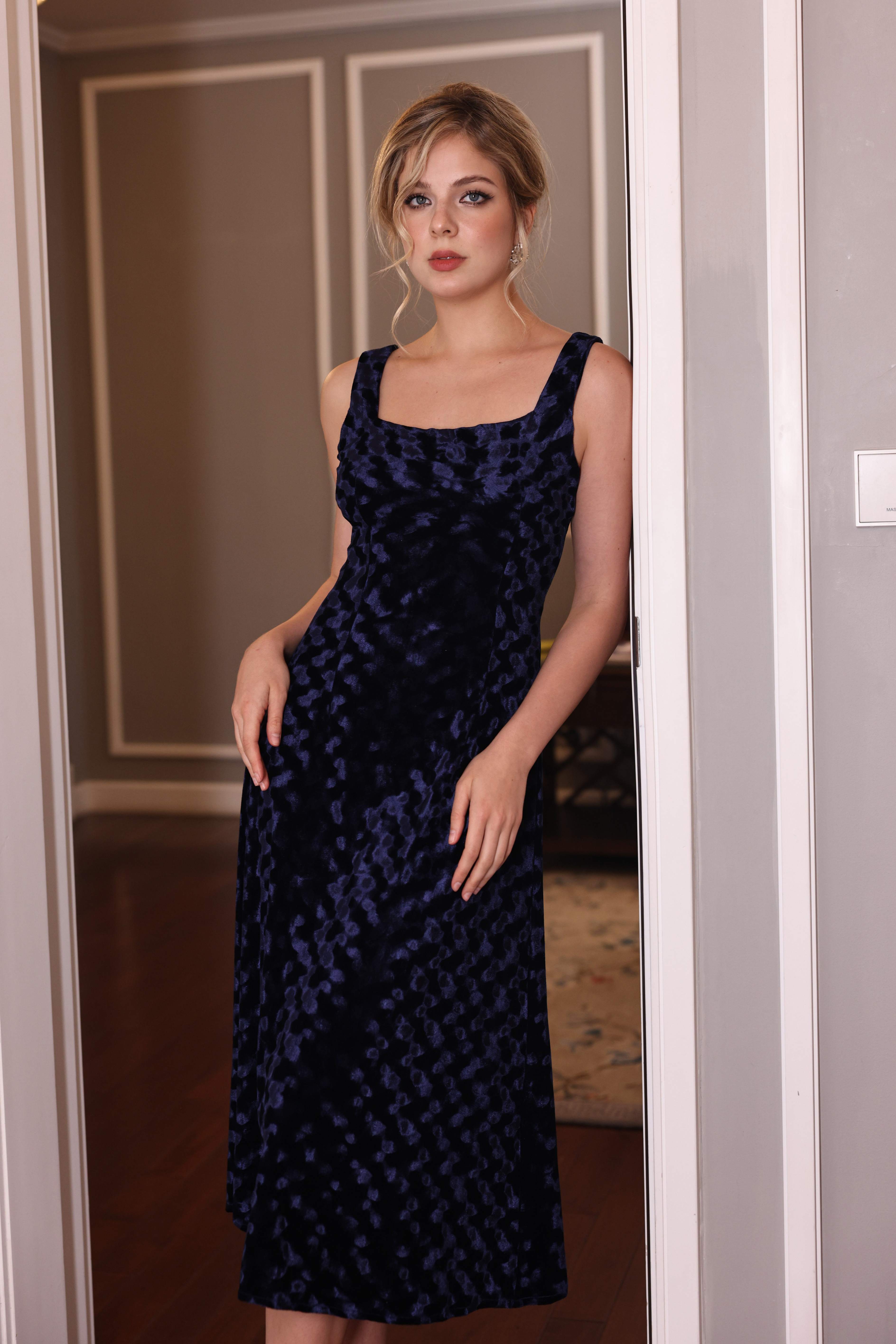 square neck velvet midi dress