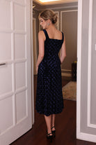 square neck velvet midi dress