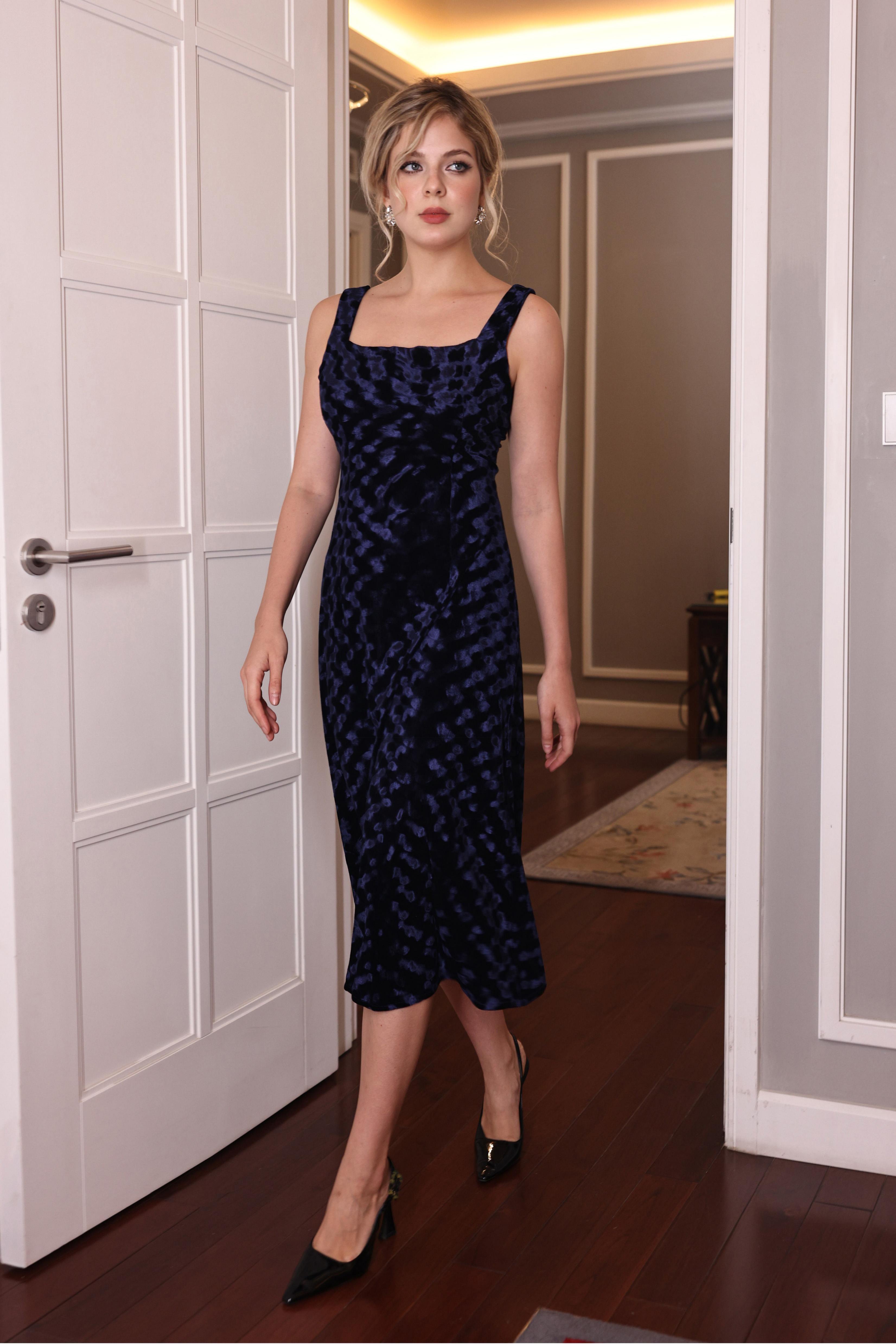 square neck velvet midi dress