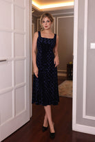square neck velvet midi dress