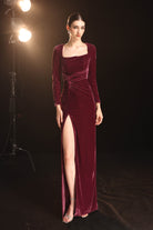 Square neck velvet slit dress
