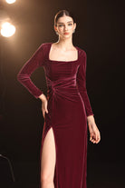 Square neck velvet slit dress