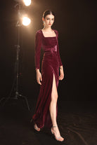 Square neck velvet slit dress