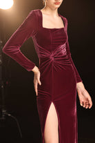 Square neck velvet slit dress