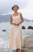 Square strap linen midi dress