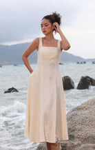 Square strap linen midi dress