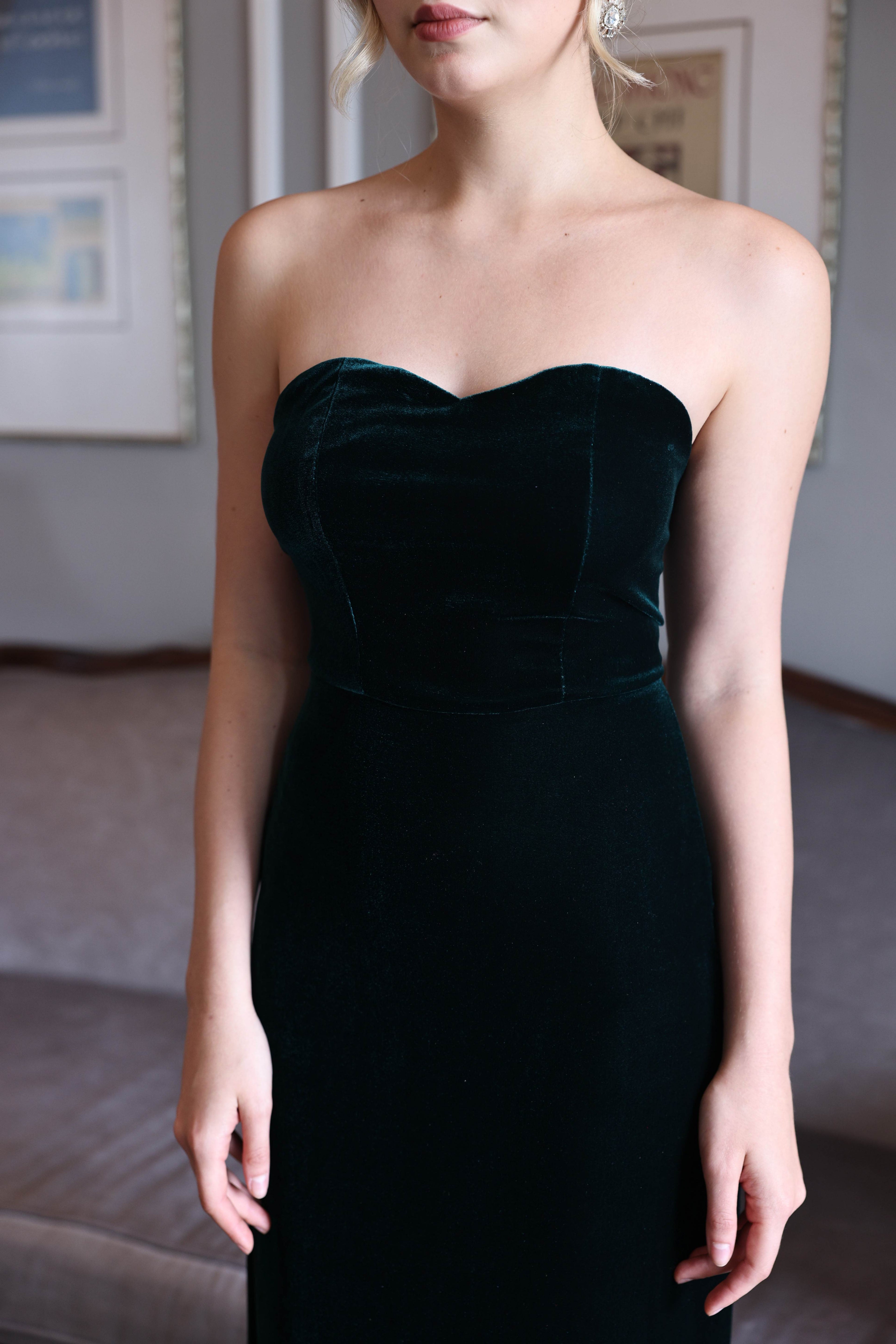 Strapless emerald velvet gown