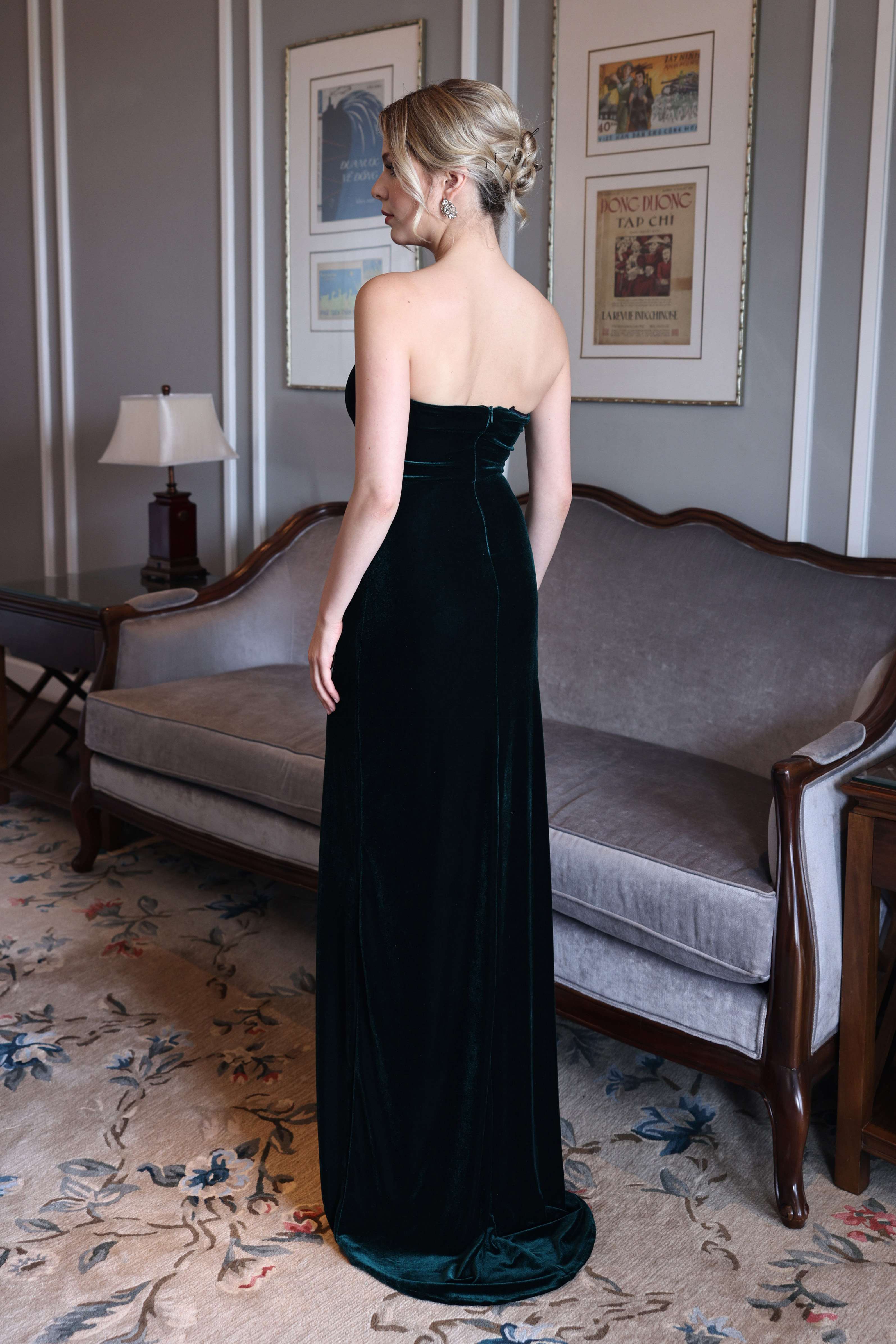 Strapless emerald velvet gown