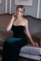 Strapless emerald velvet gown