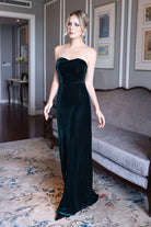 Strapless emerald velvet gown