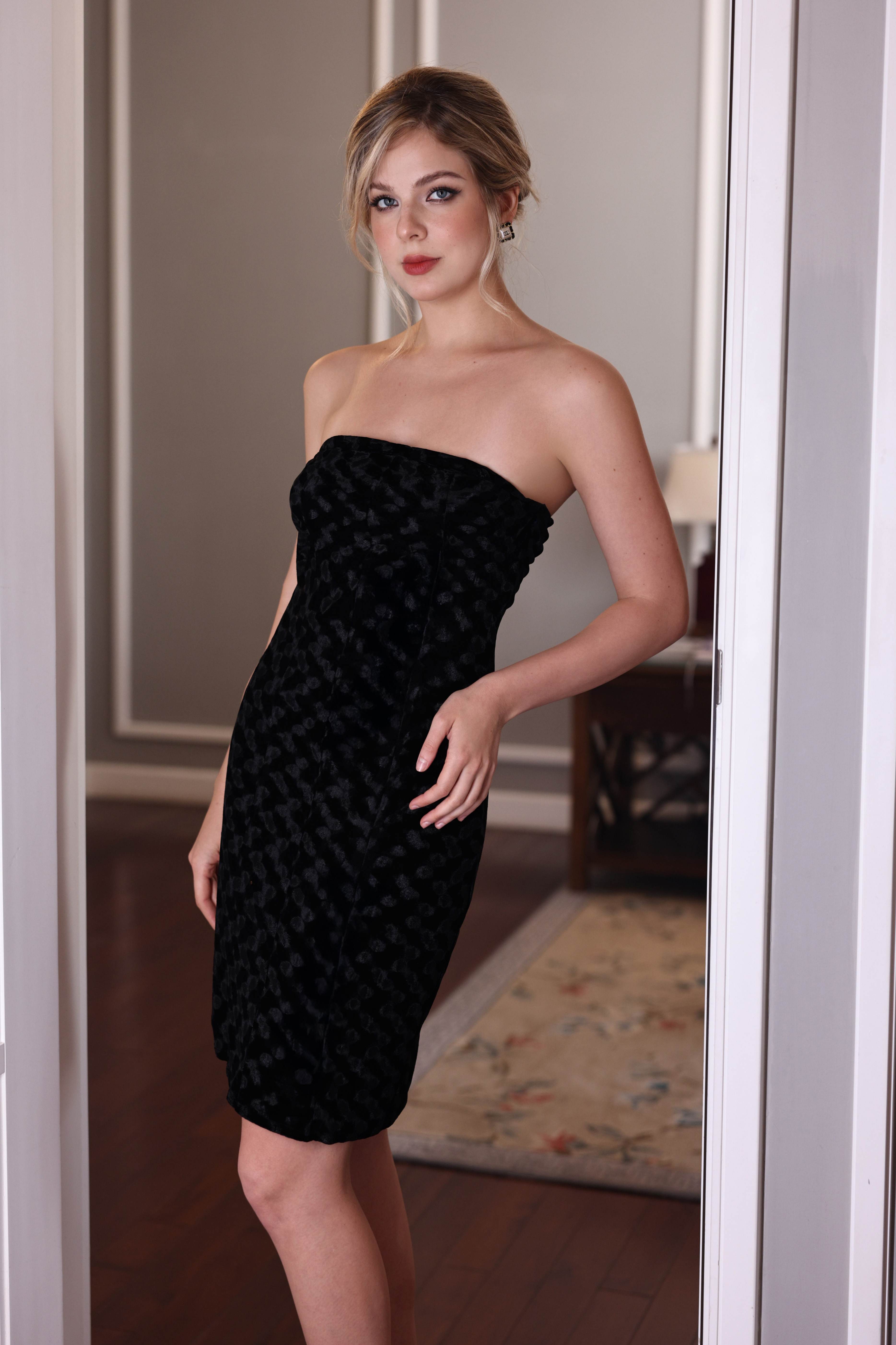 strapless velvet gown