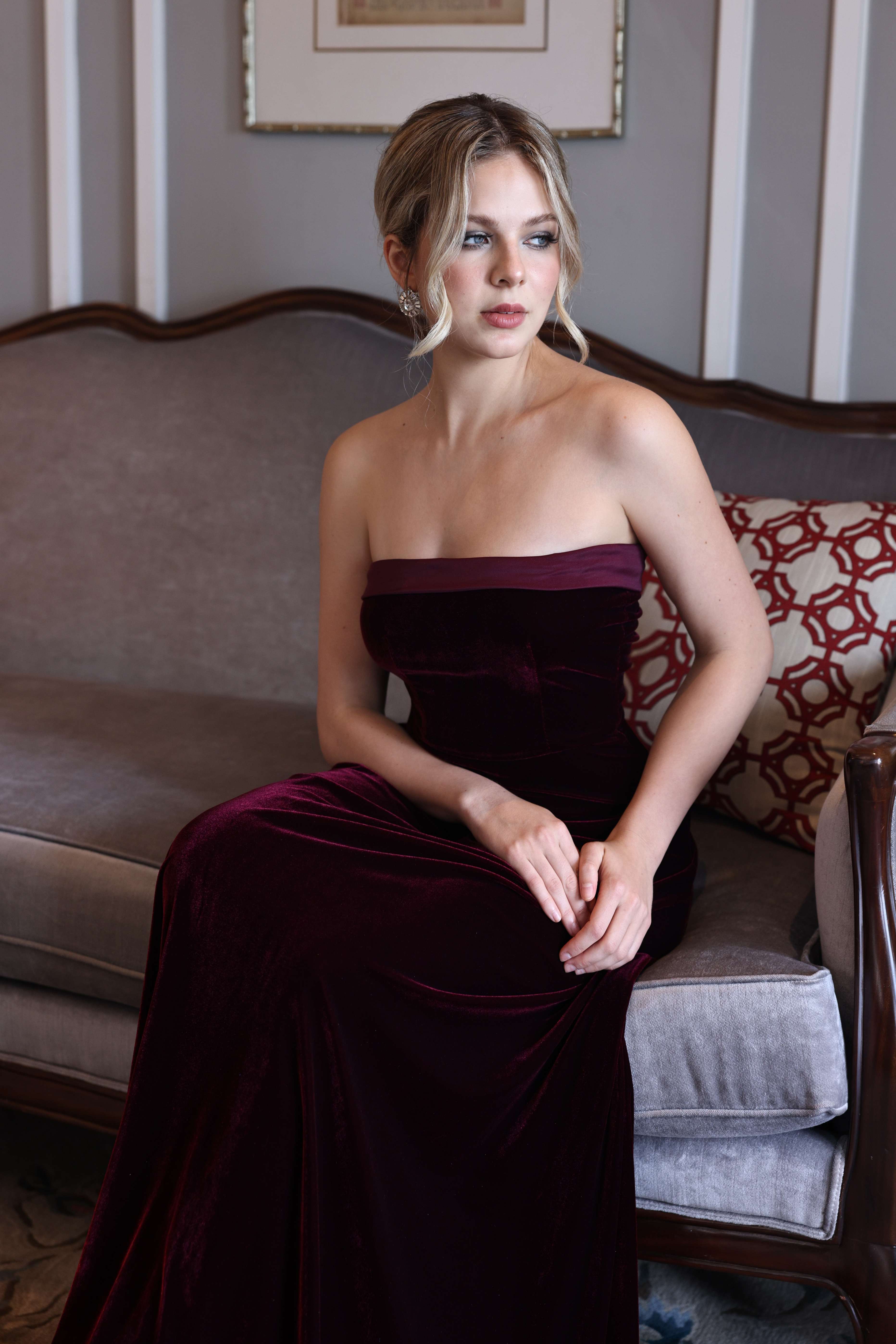 Strapless velvet maxi dress