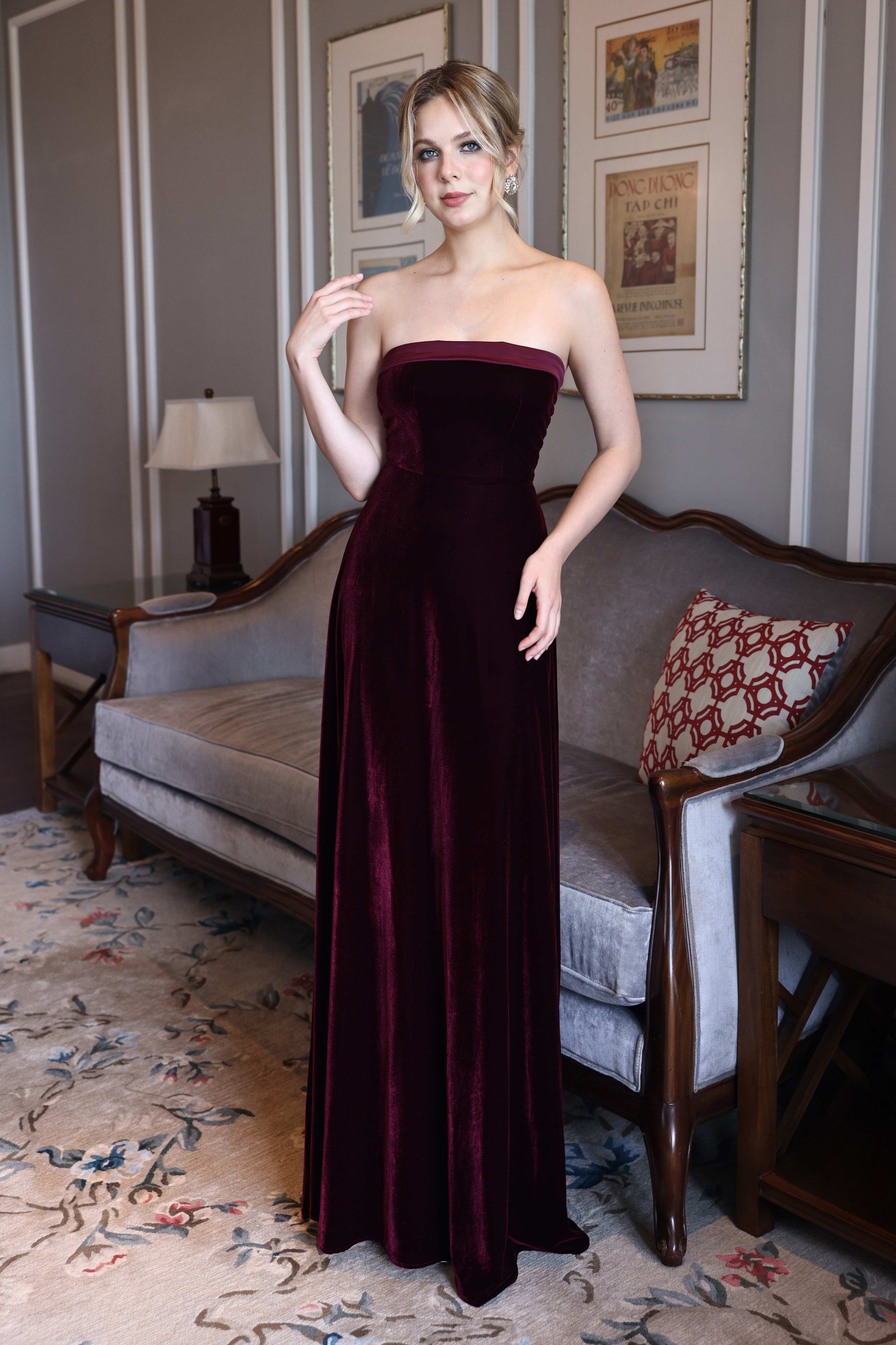 Strapless velvet maxi dress