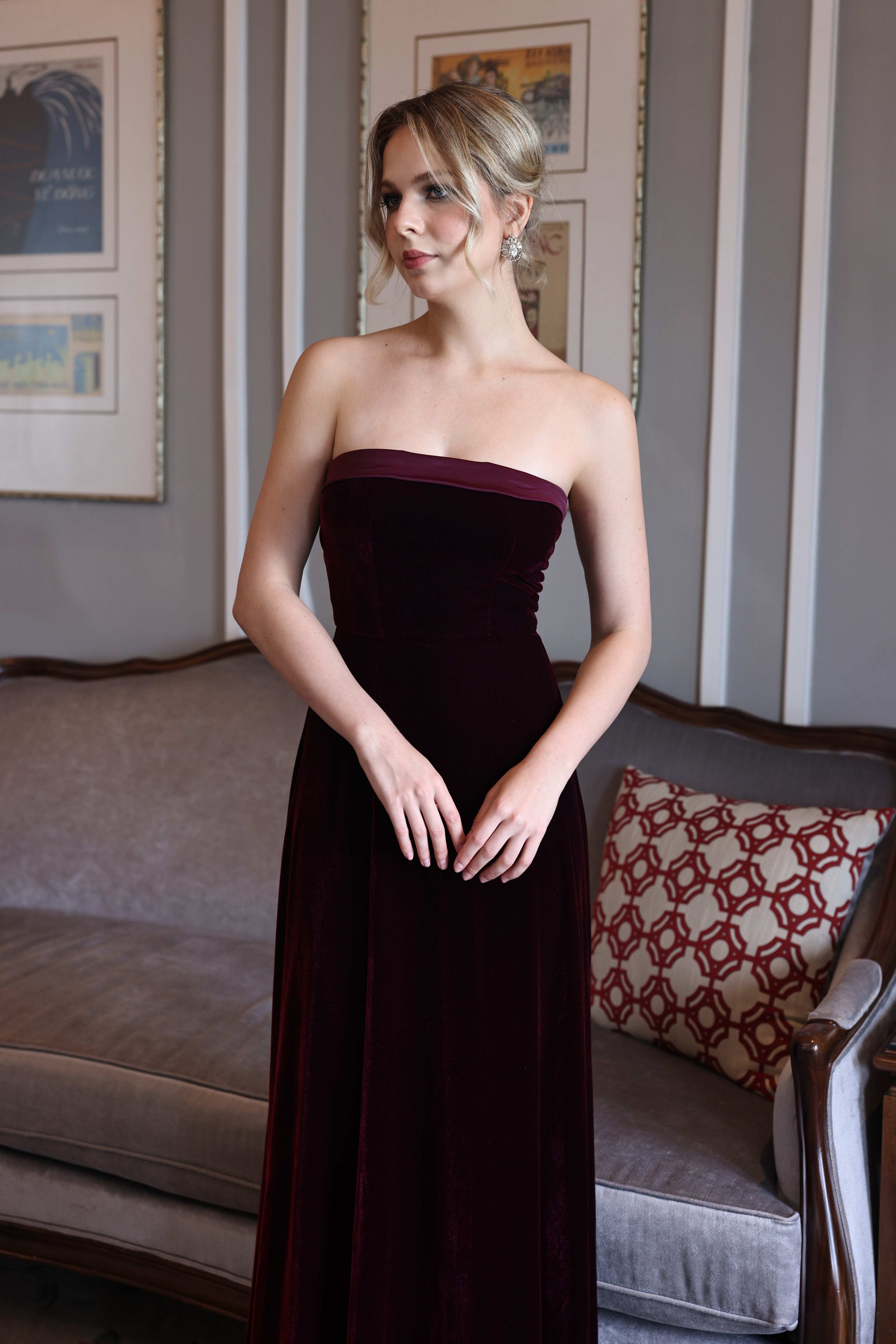Strapless velvet maxi dress