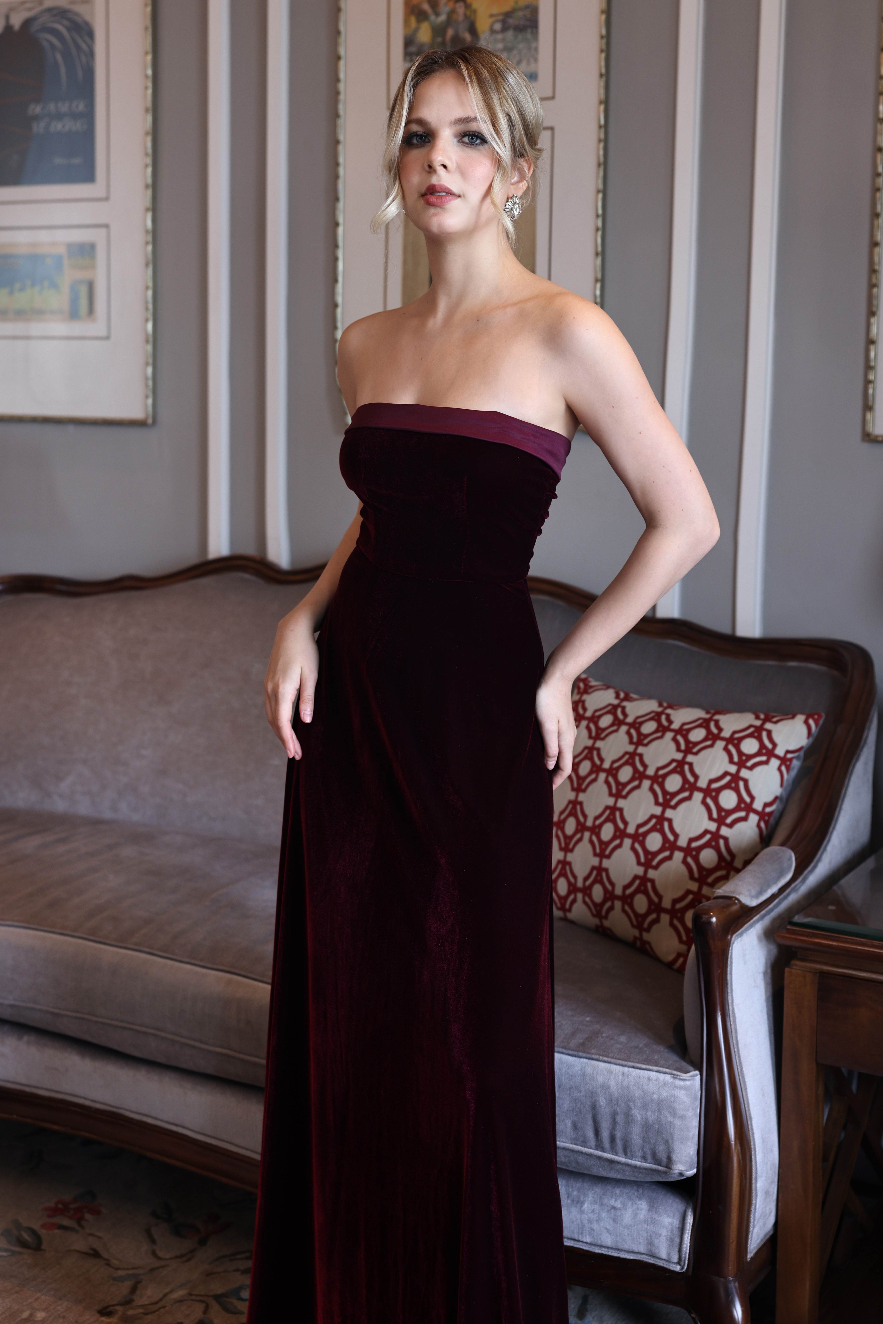 Strapless velvet maxi dress