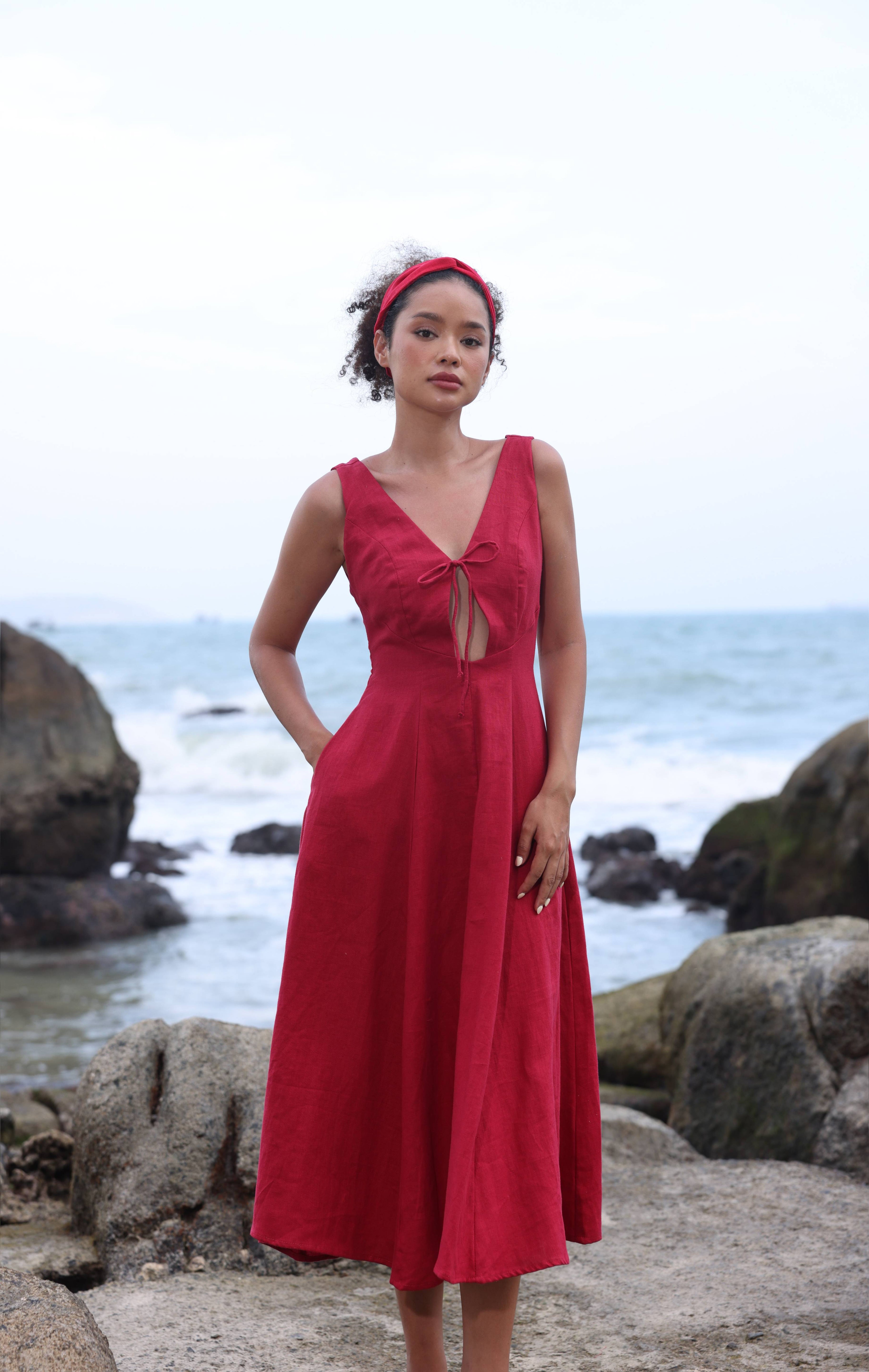 Tie front linen dress