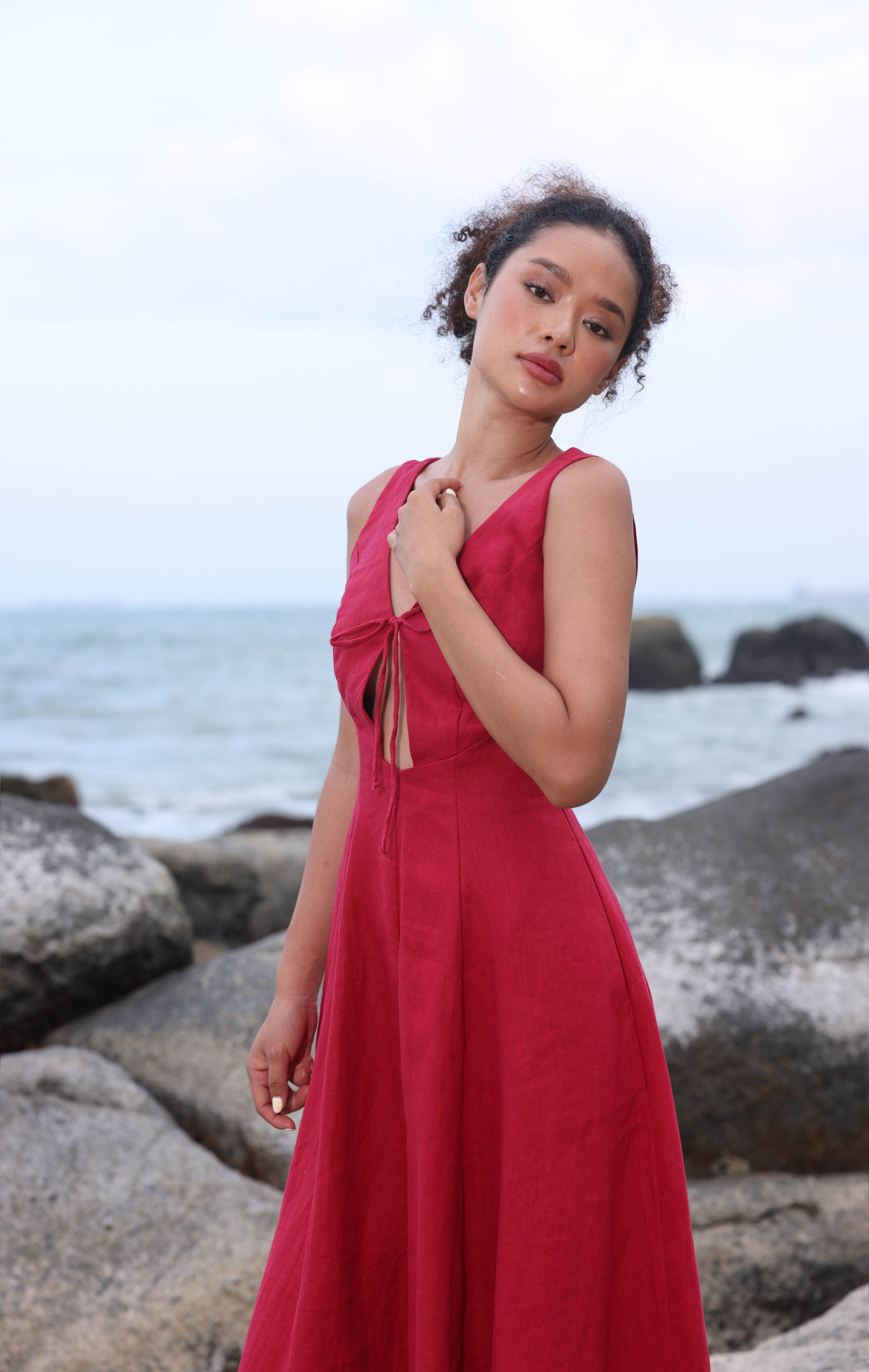 Tie front linen dress