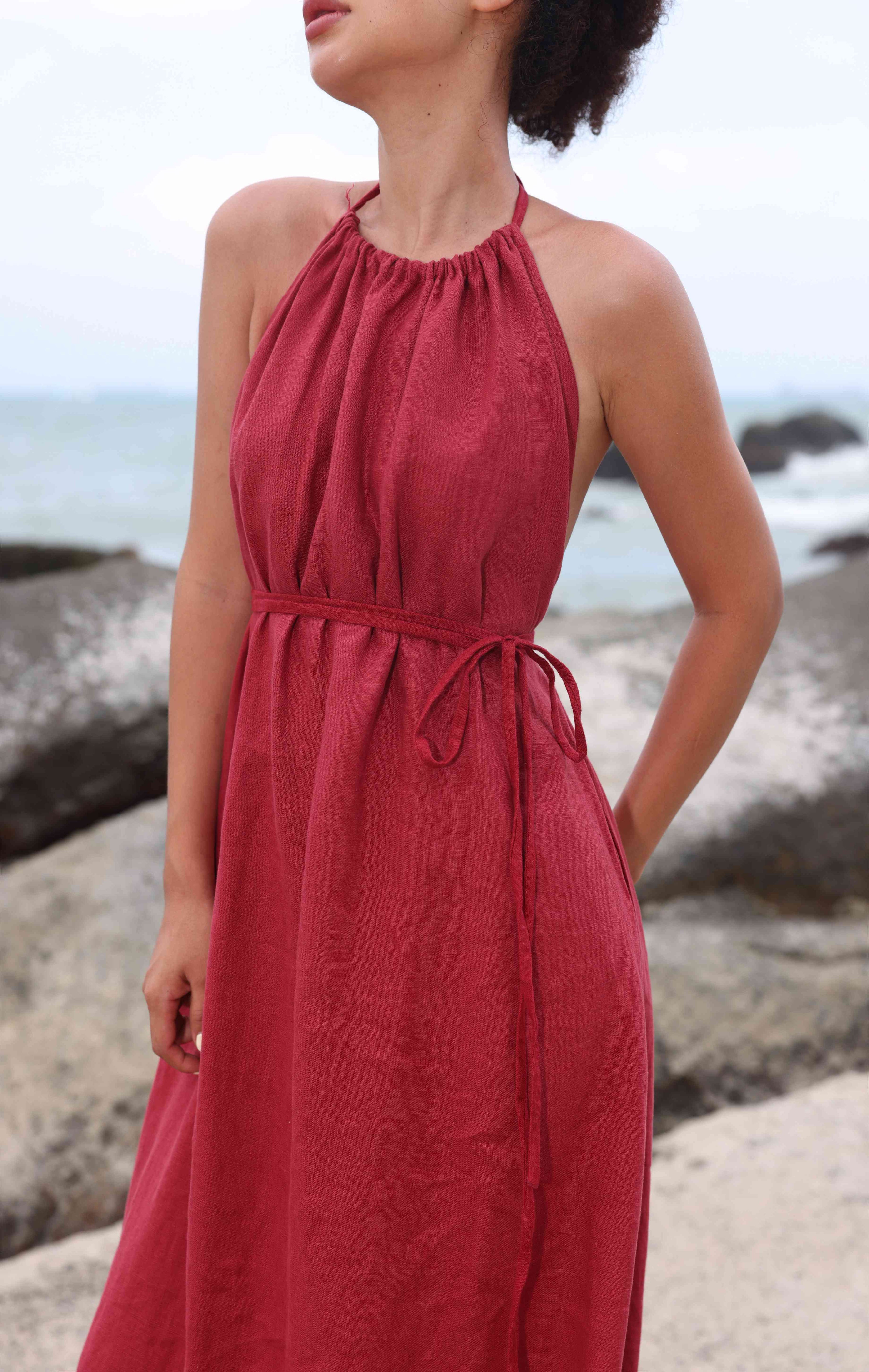 Tie neck linen dress