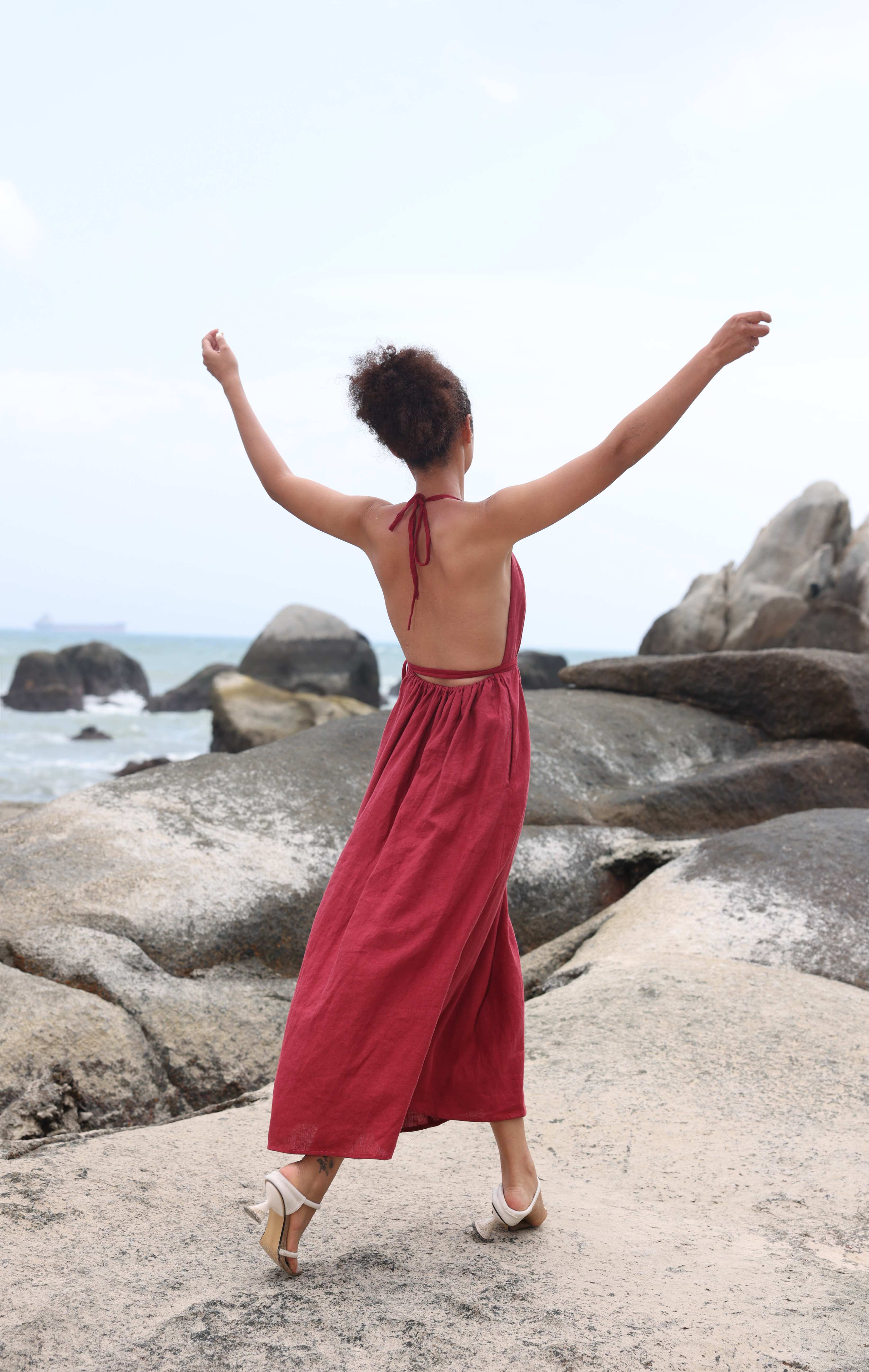 Tie neck linen dress