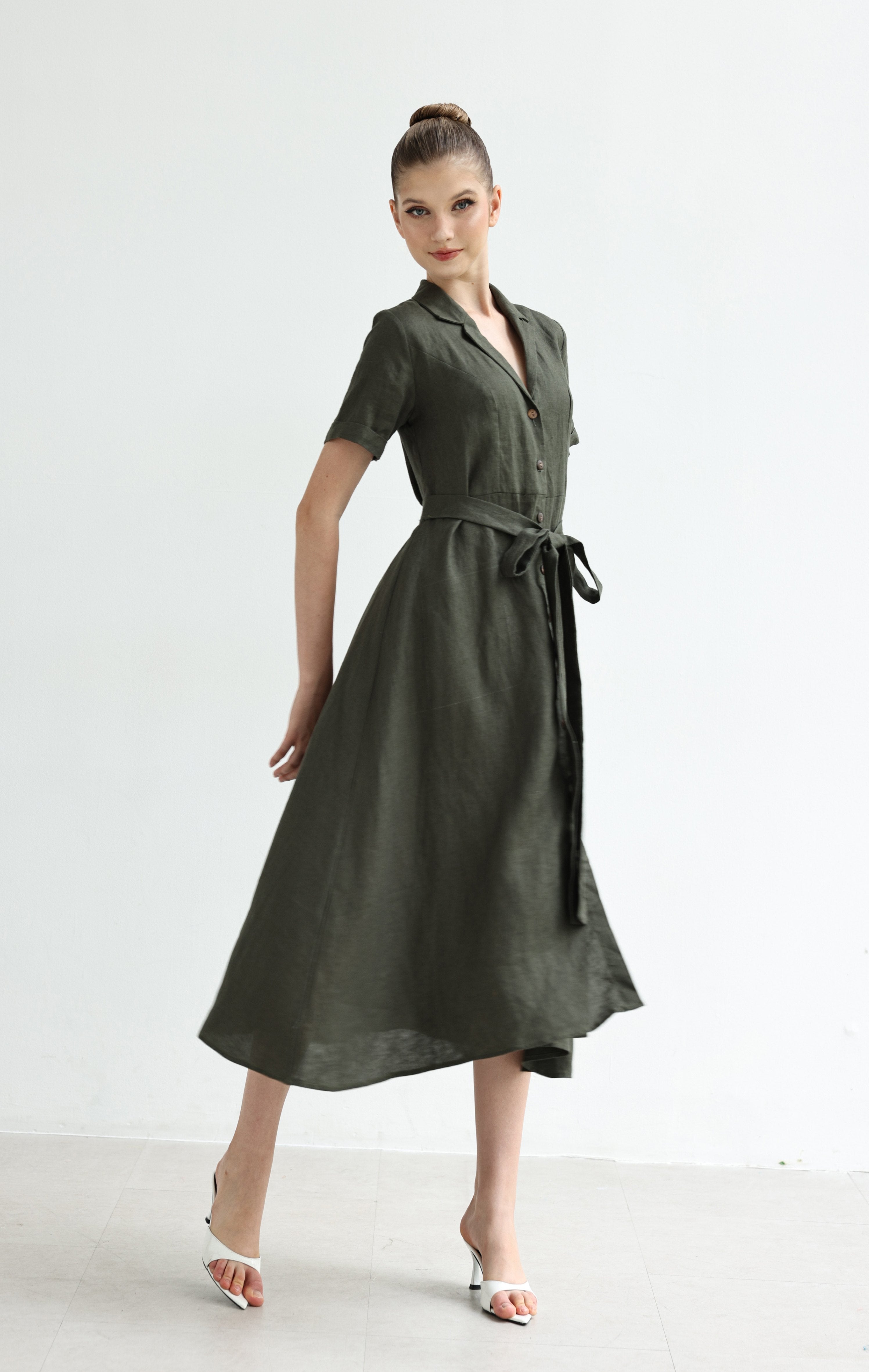 Tie waist linen dress