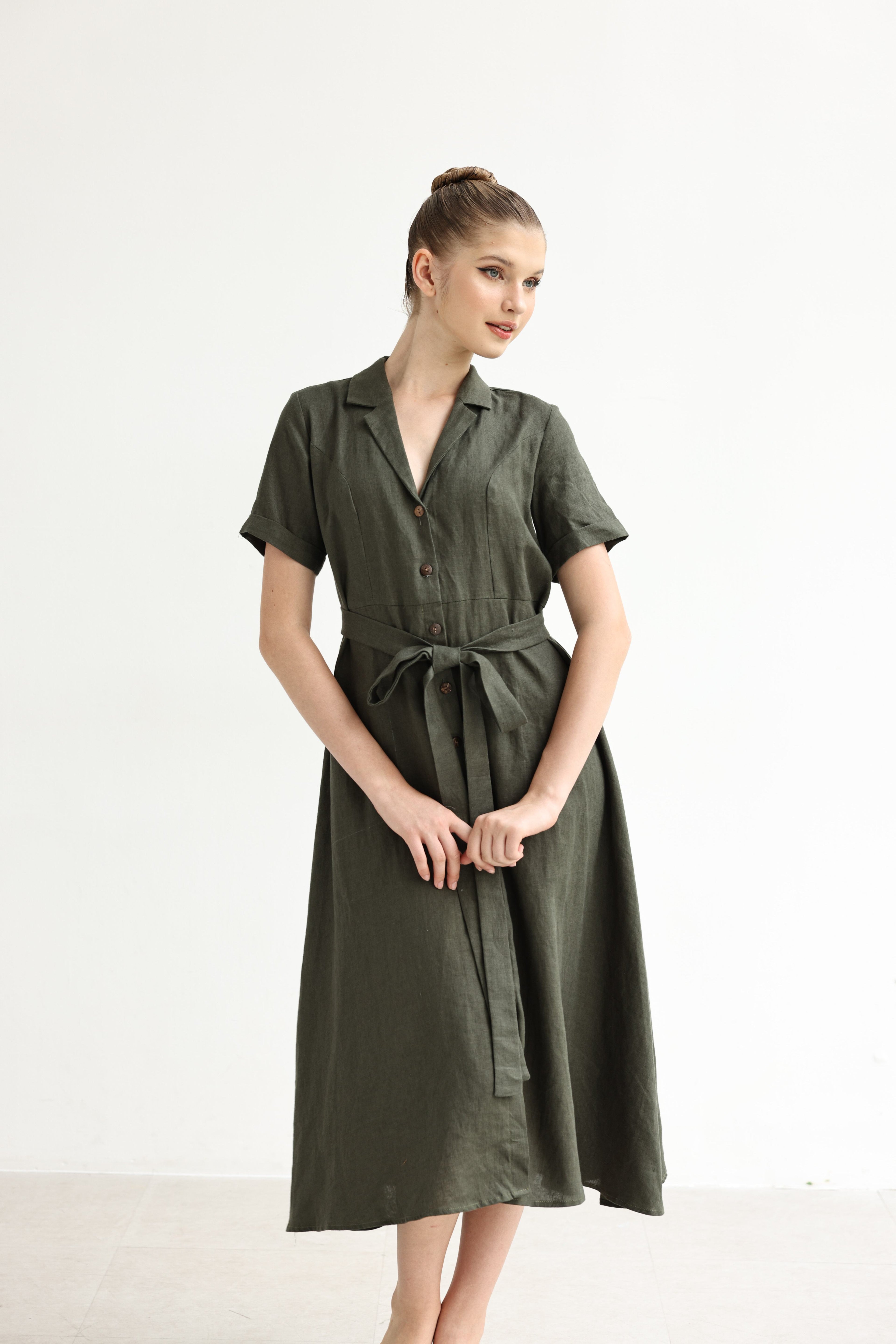 Tie waist linen dress