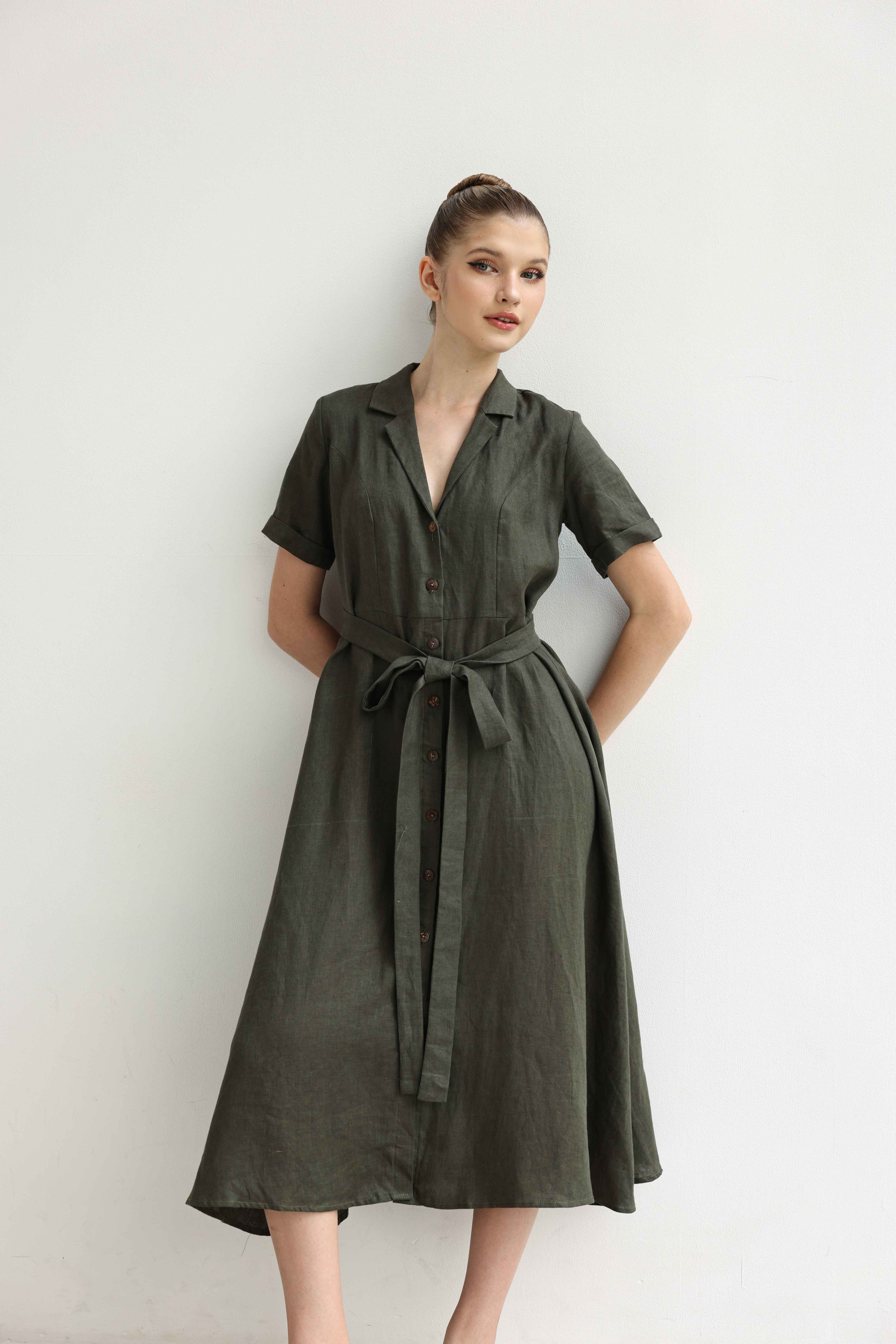 Tie waist linen dress