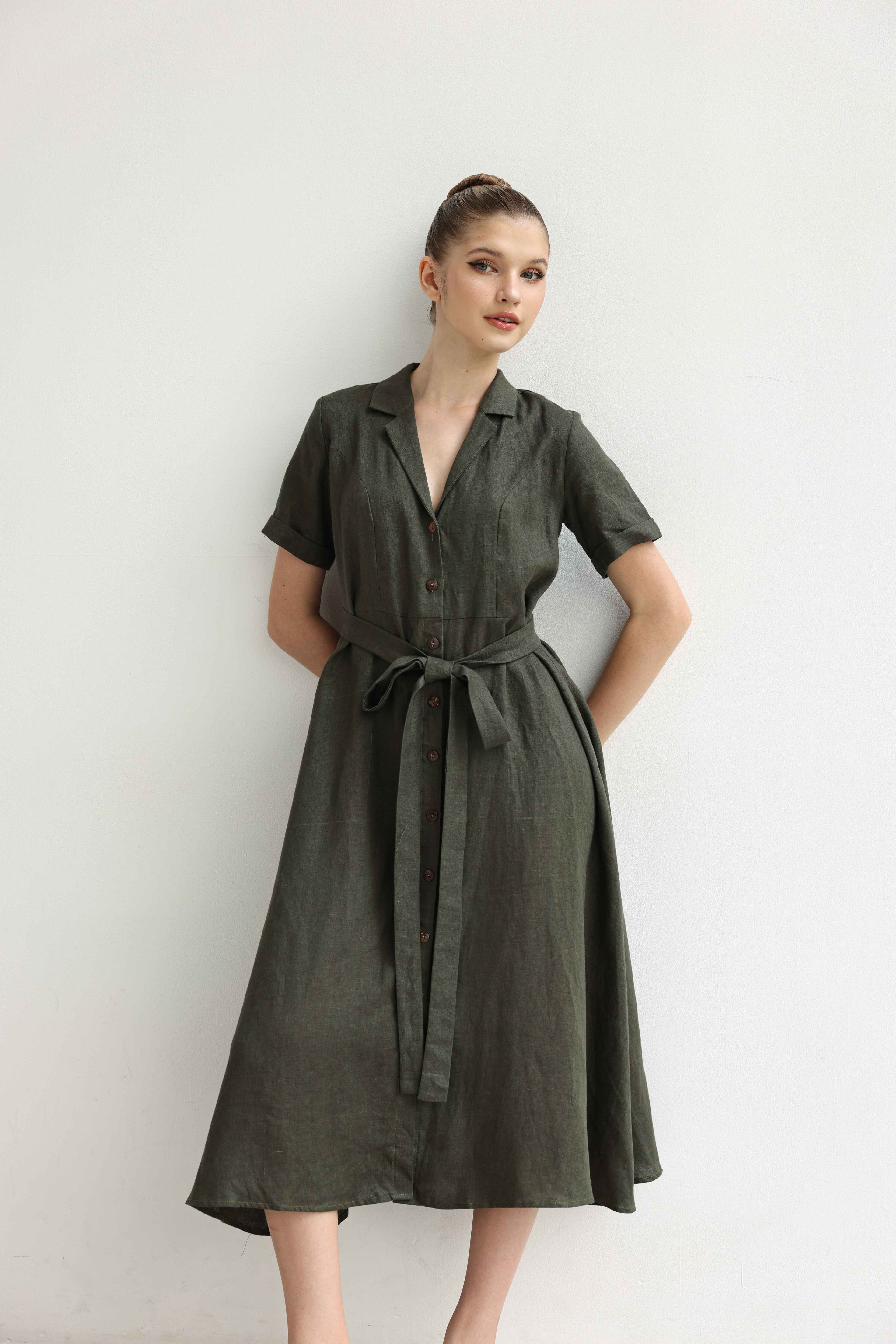 Tie waist linen dress