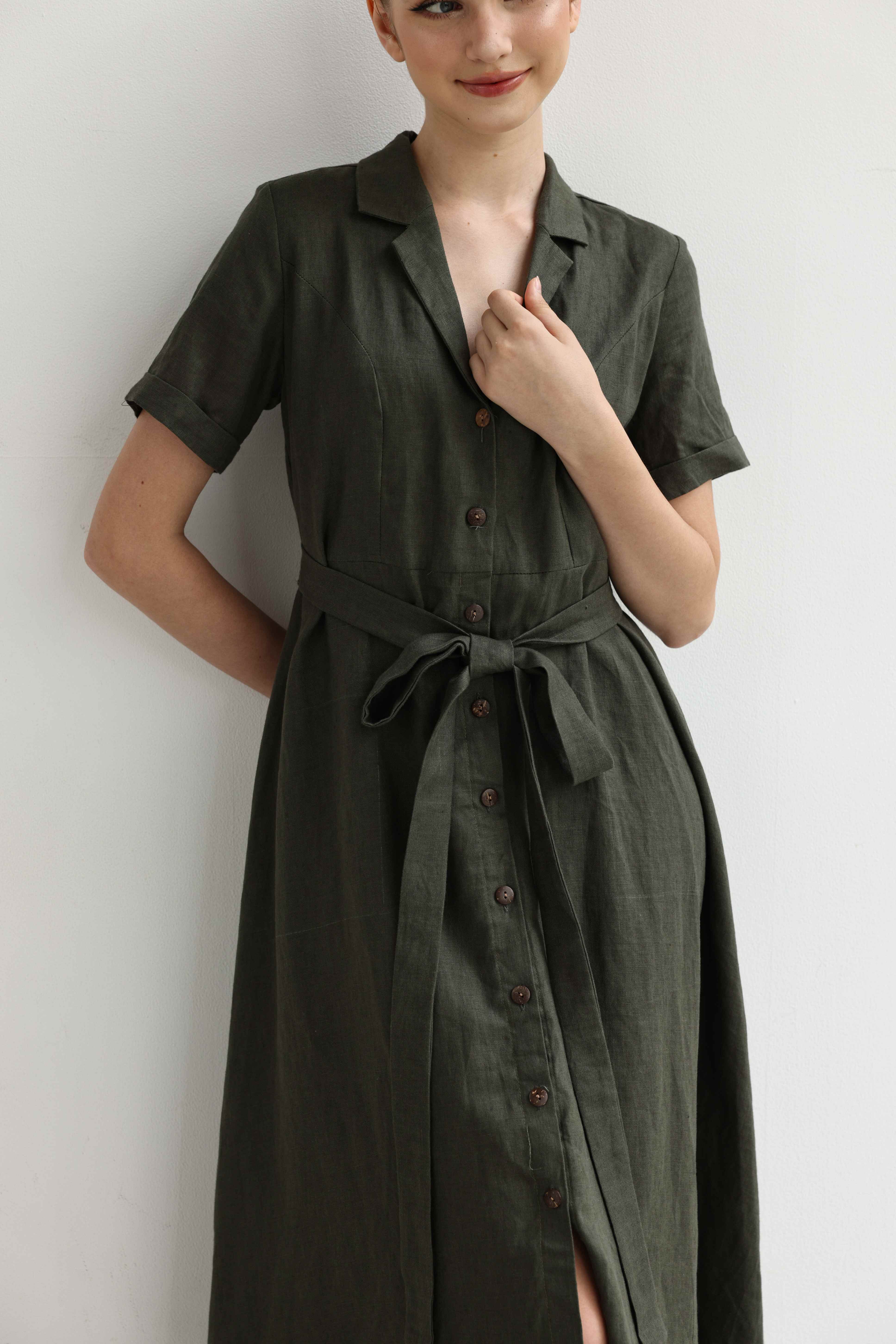 Tie waist linen dress