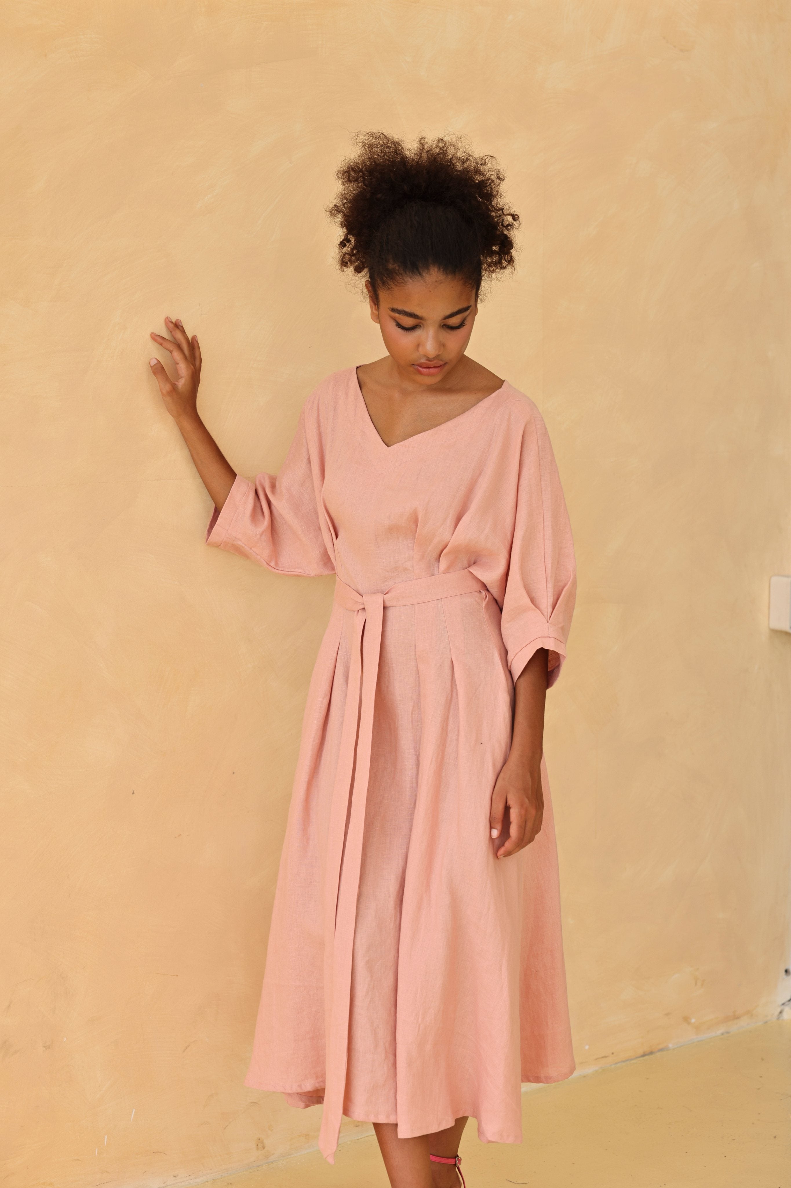 Tie waist linen midi dress