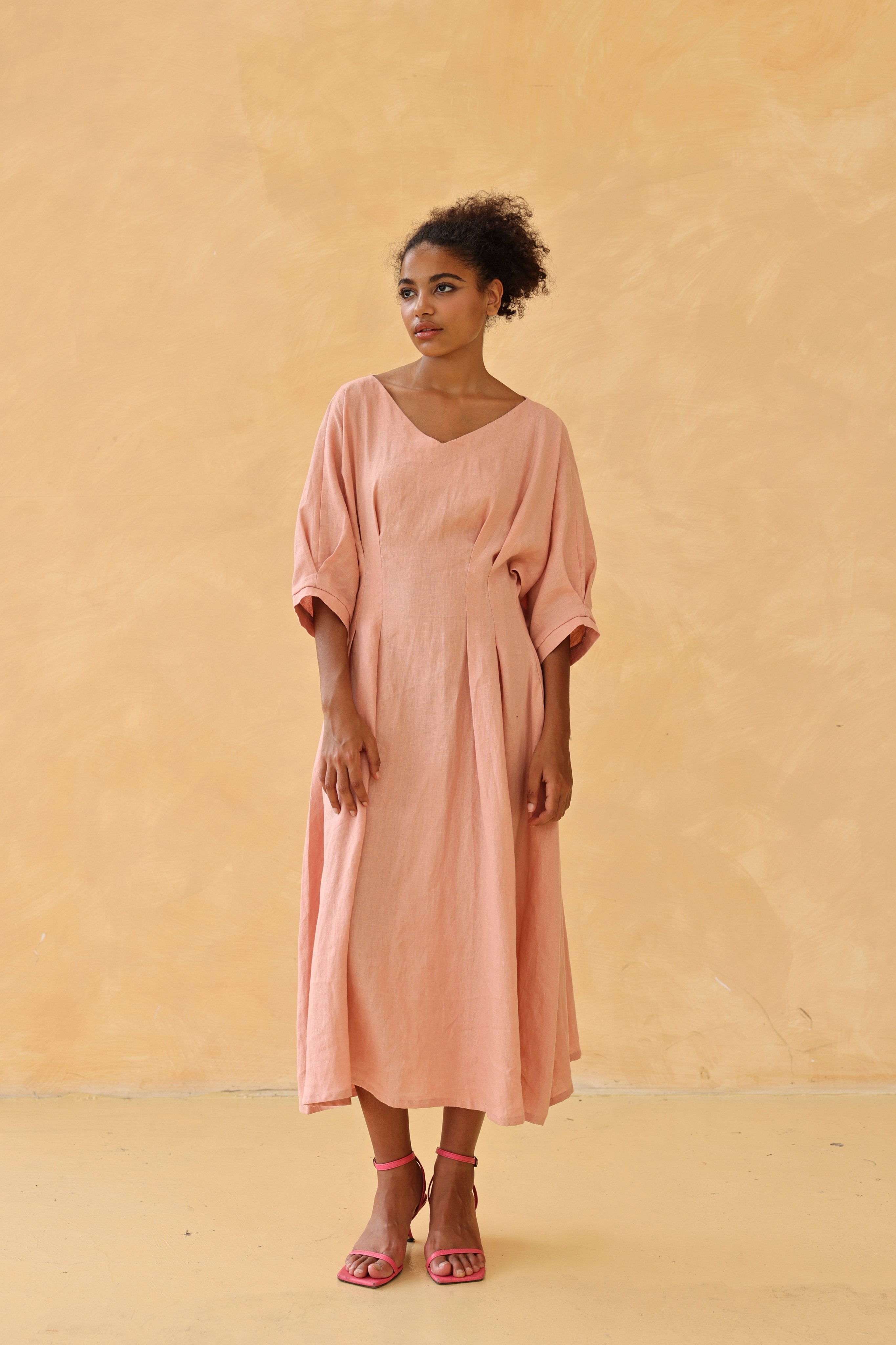Tie waist linen midi dress