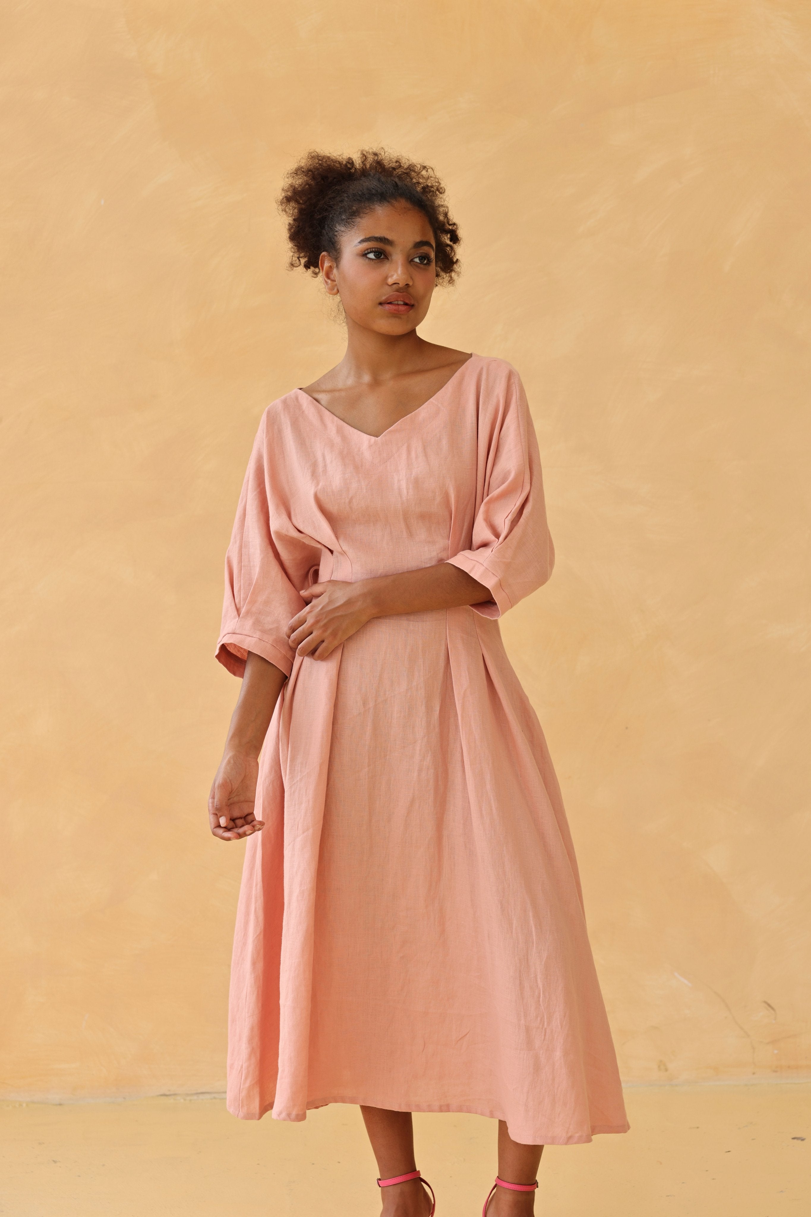 Tie waist linen midi dress