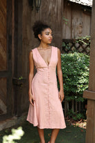 V-neck button front linen dress