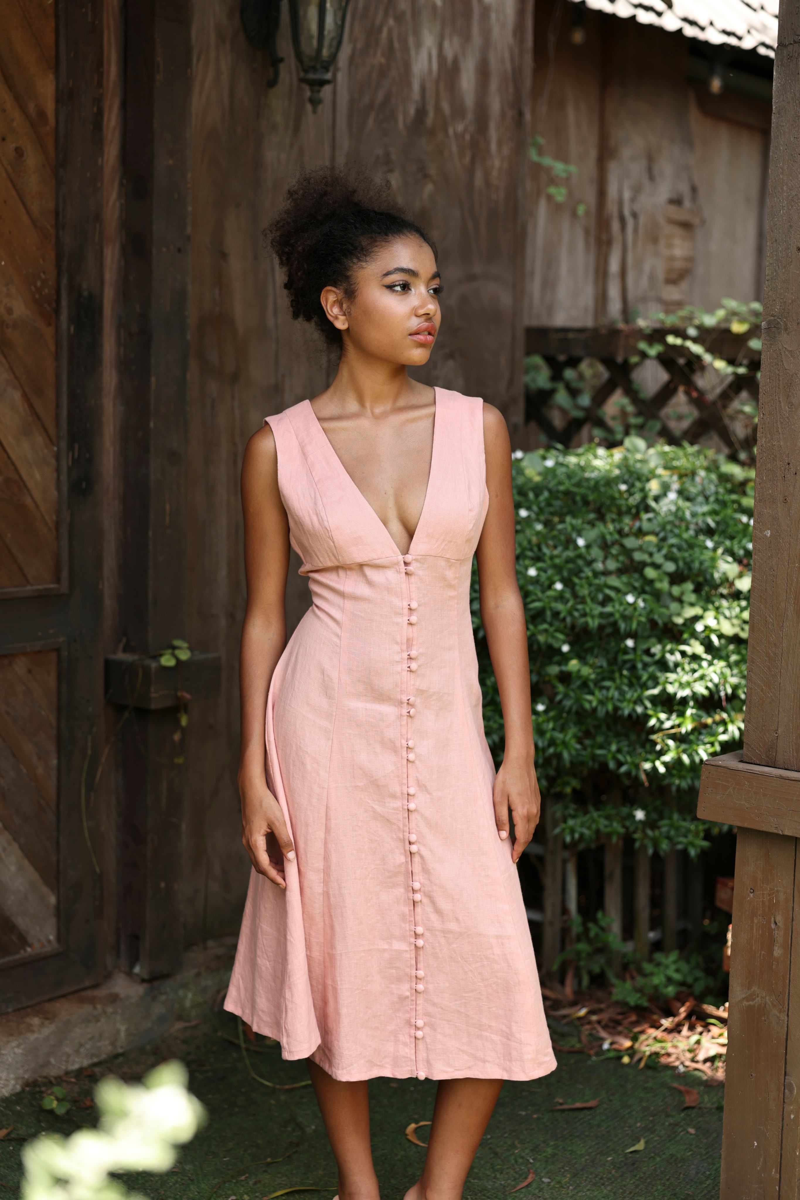 V-neck button front linen dress