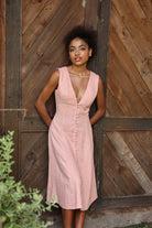 V-neck button front linen dress