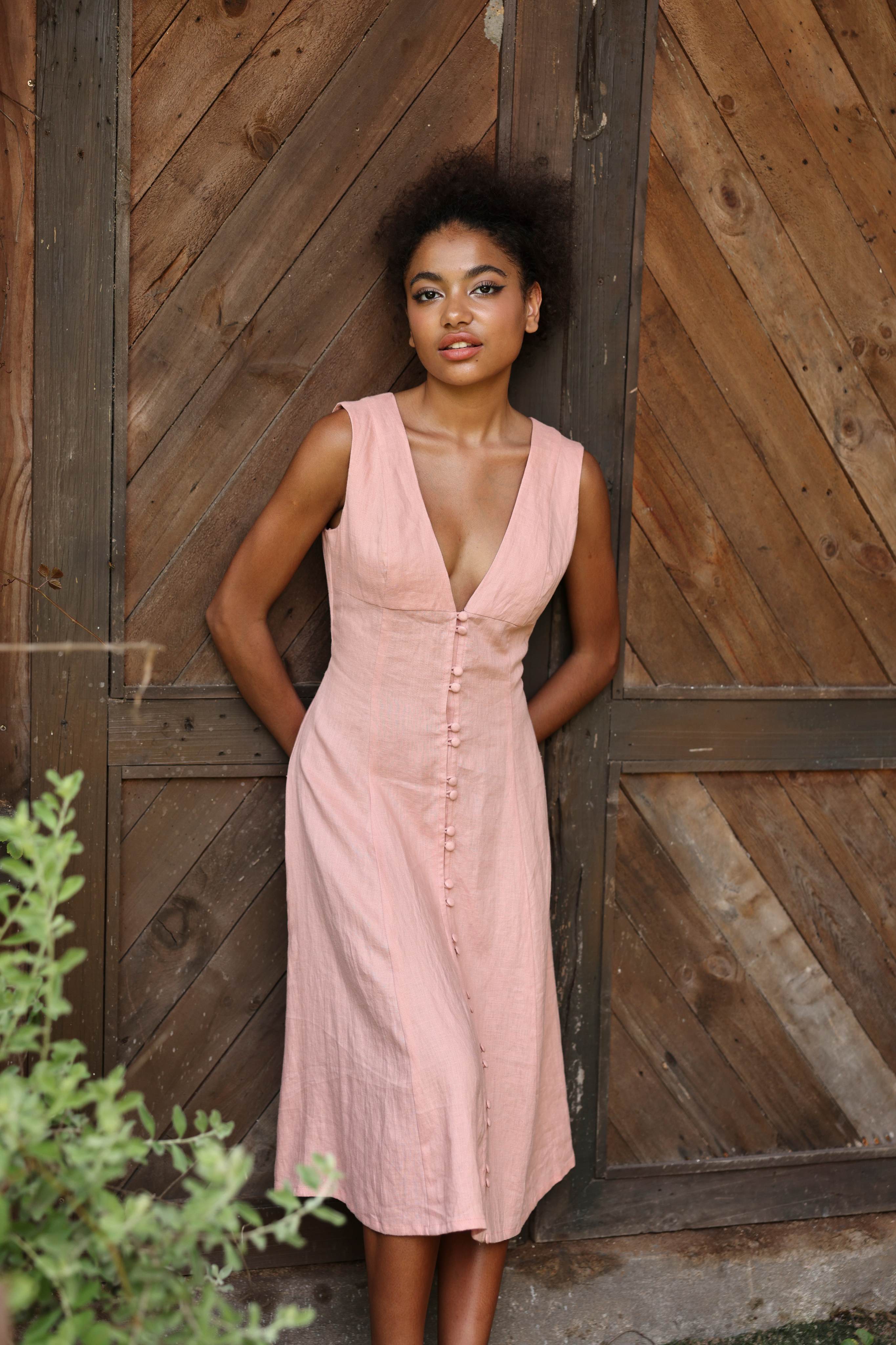 V-neck button front linen dress