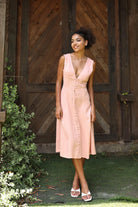 V-neck button front linen dress