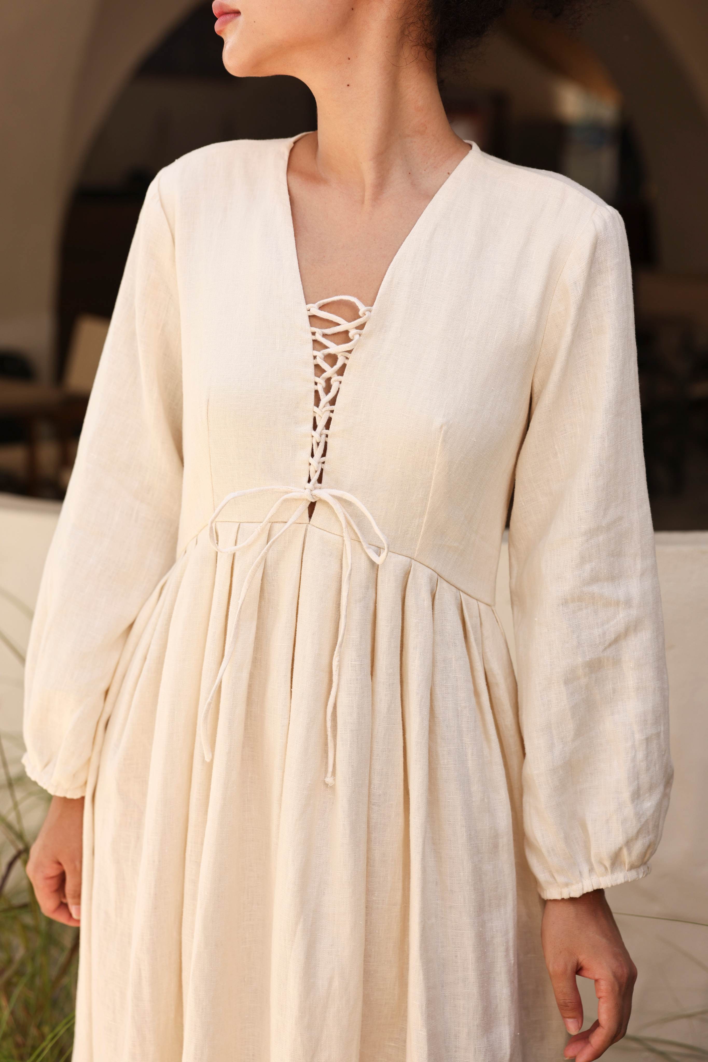 V-neck lace-up linen dress