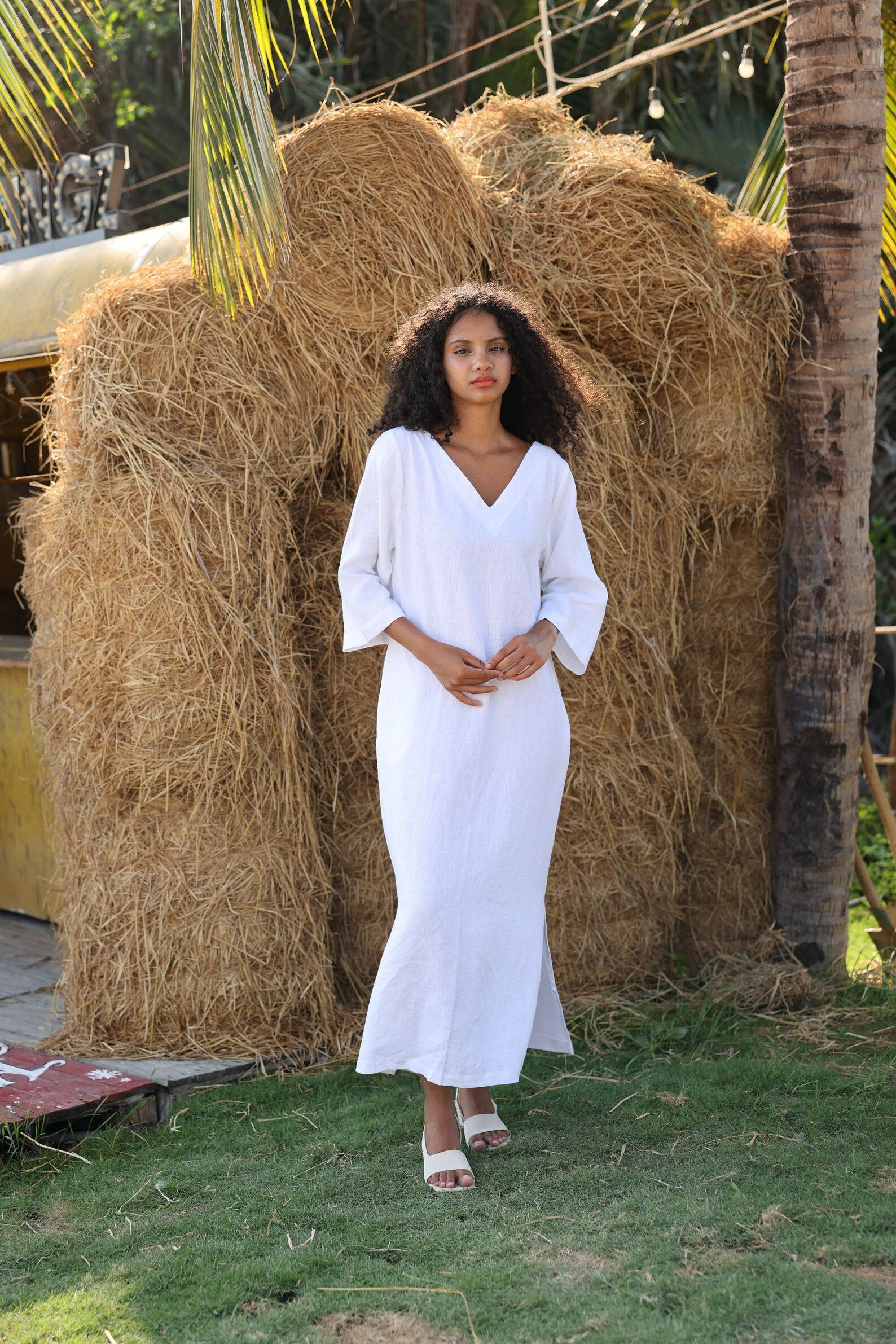 V-neck linen dress