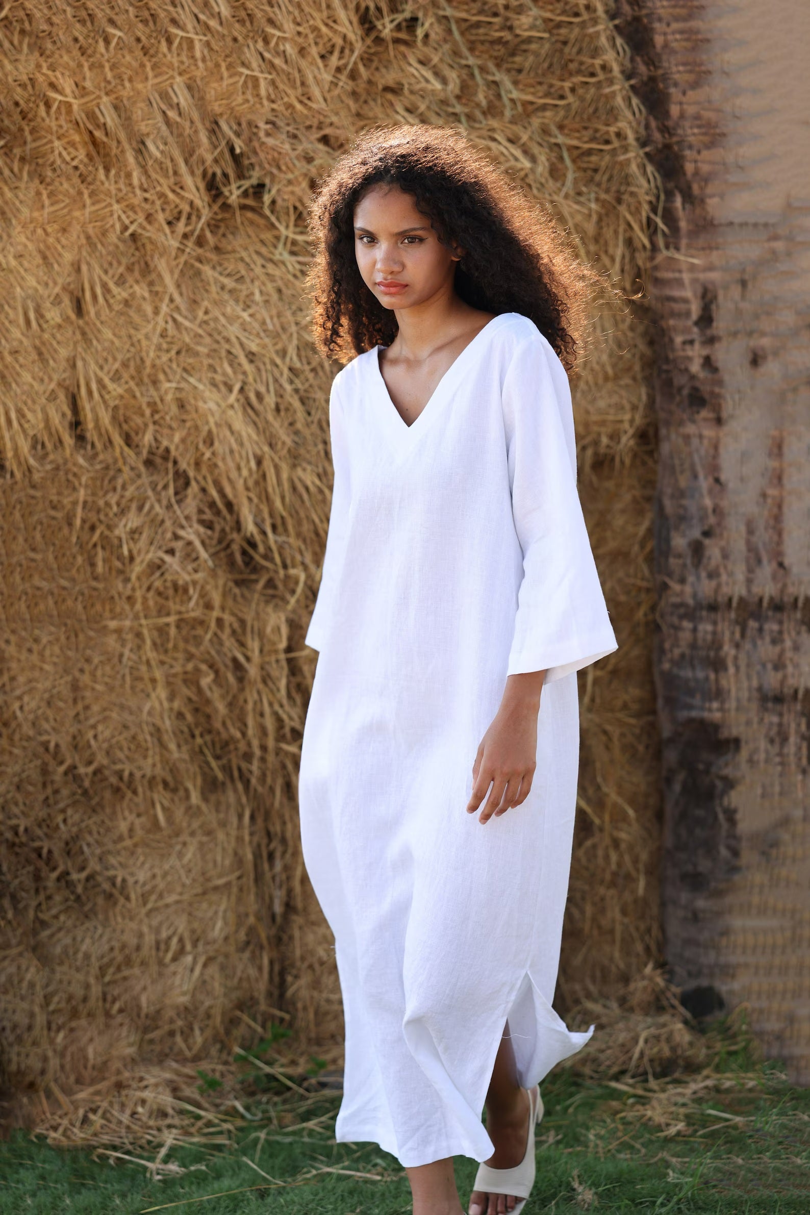 V-neck linen dress