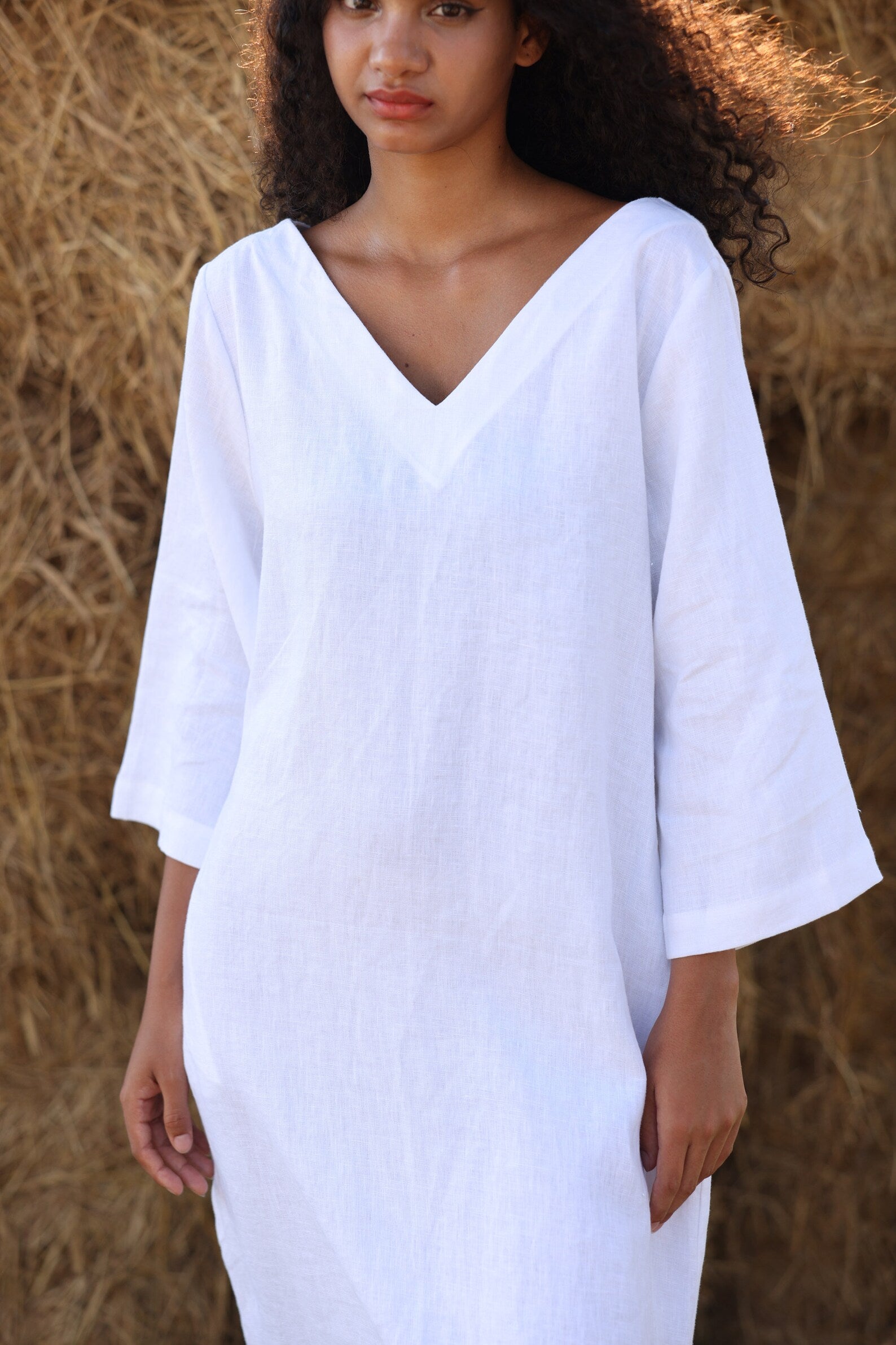 V-neck linen dress