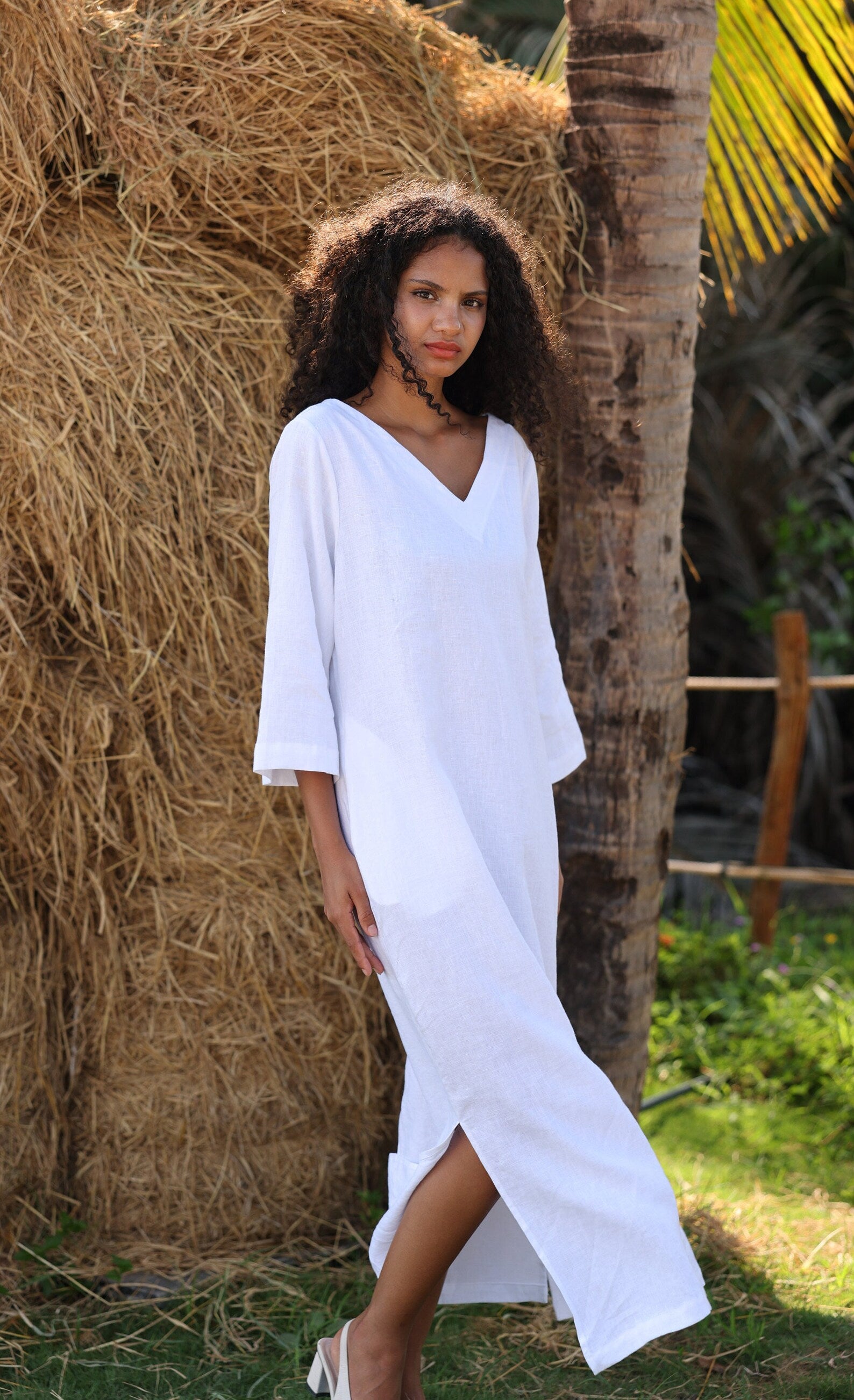 V-neck linen dress