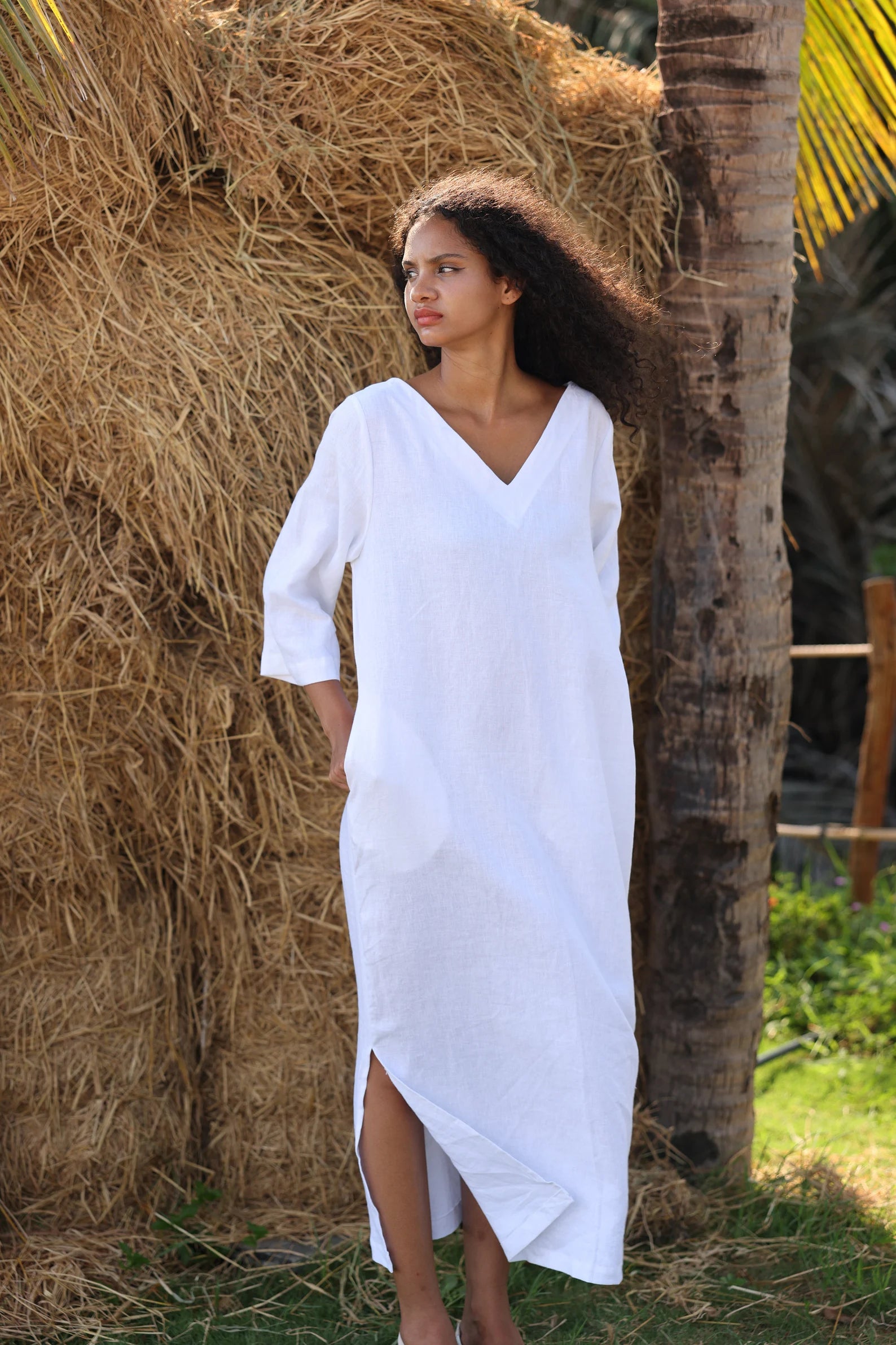 V-neck linen dress