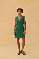 V-neck linen shift dress