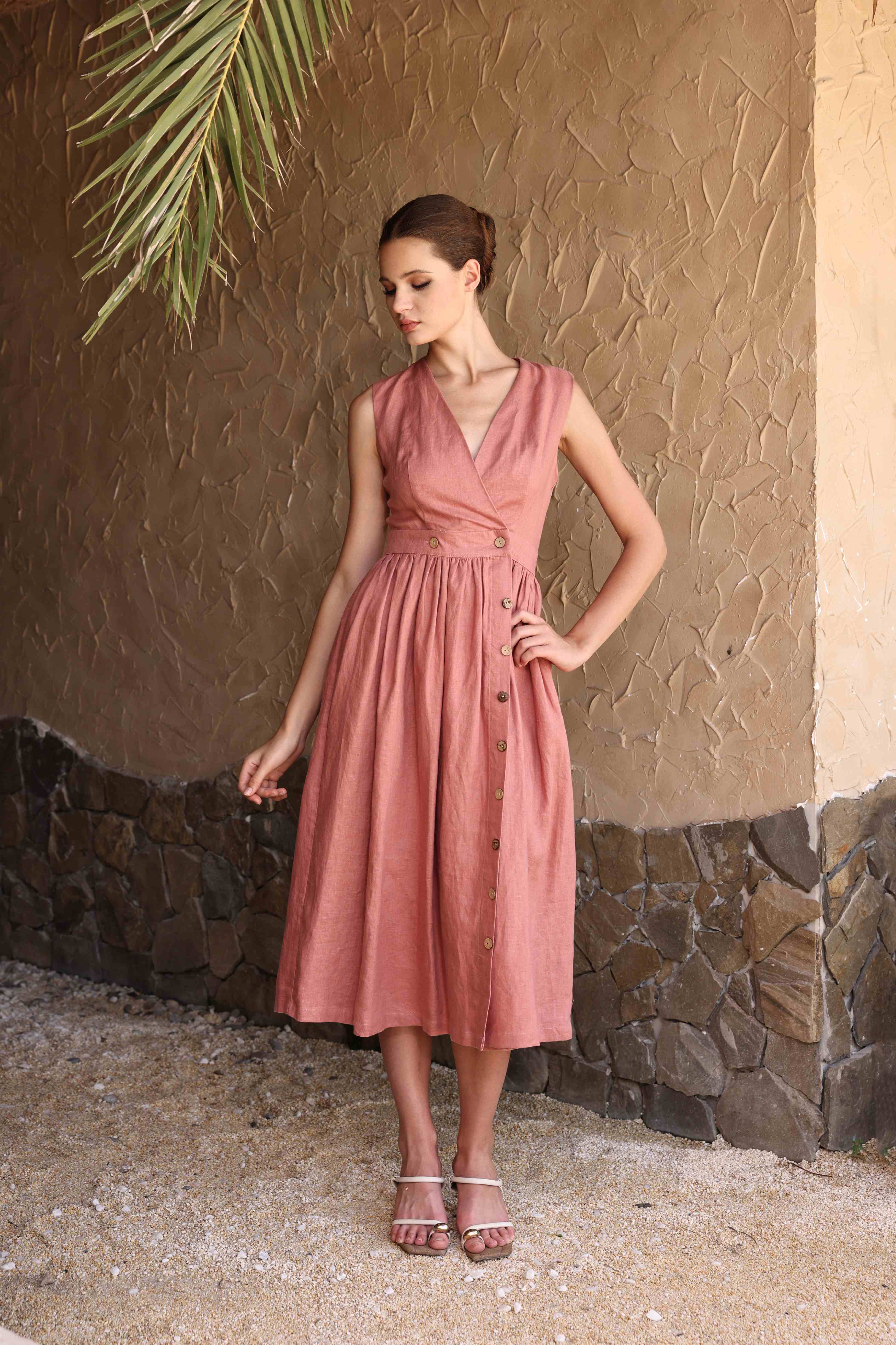 V-neck linen wrap dress