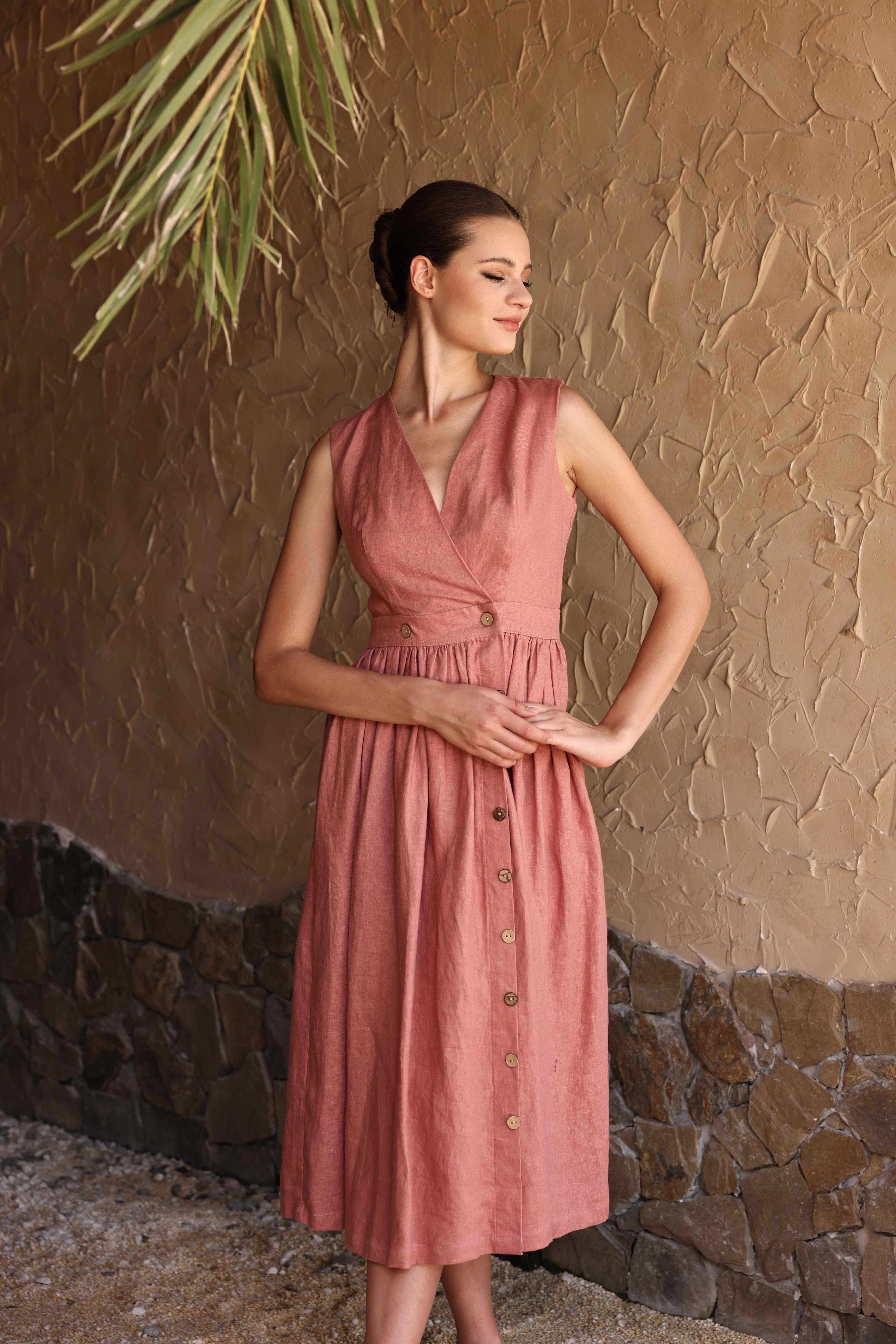 V-neck linen wrap dress