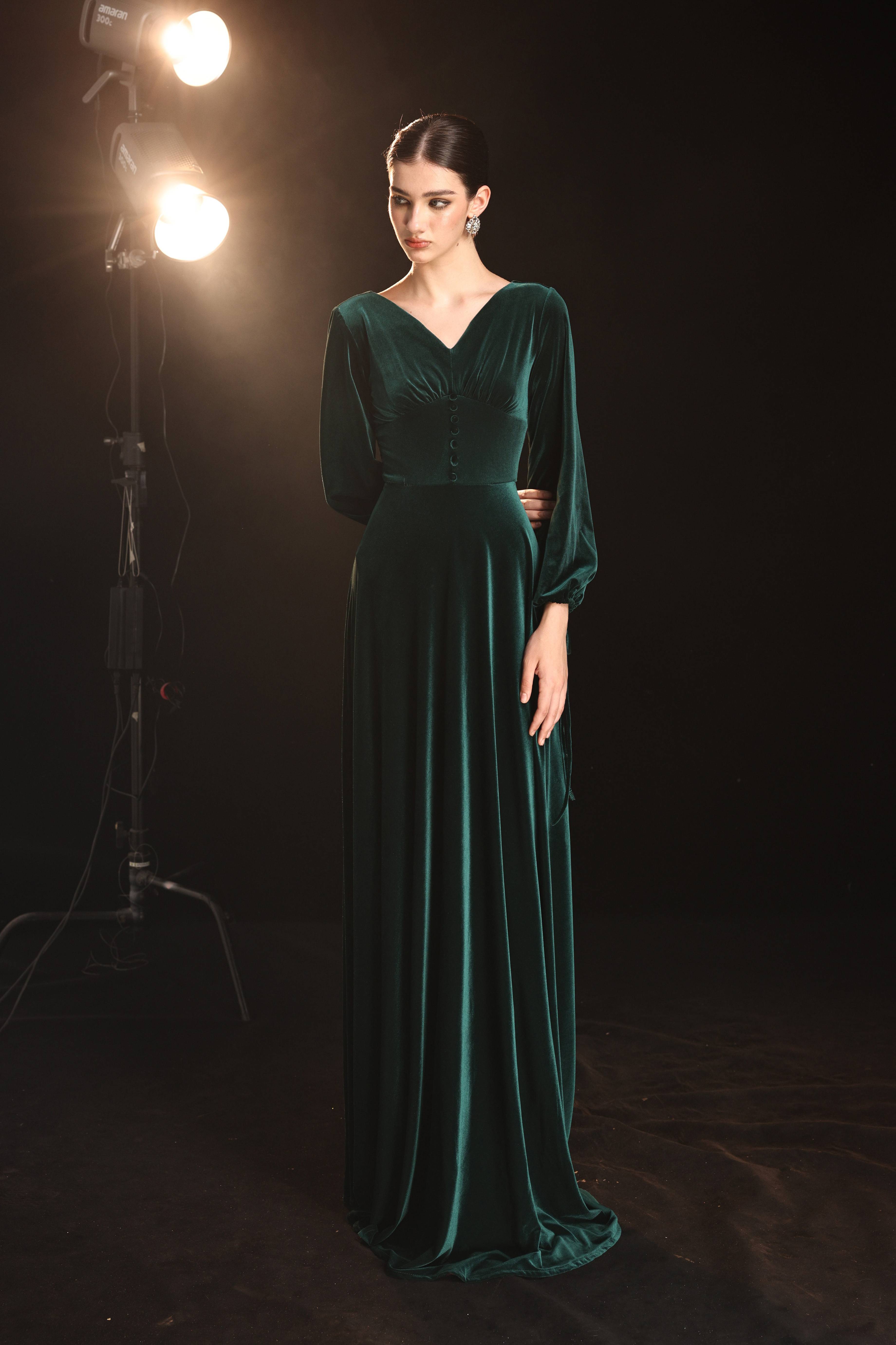 V-neck velvet evening gown