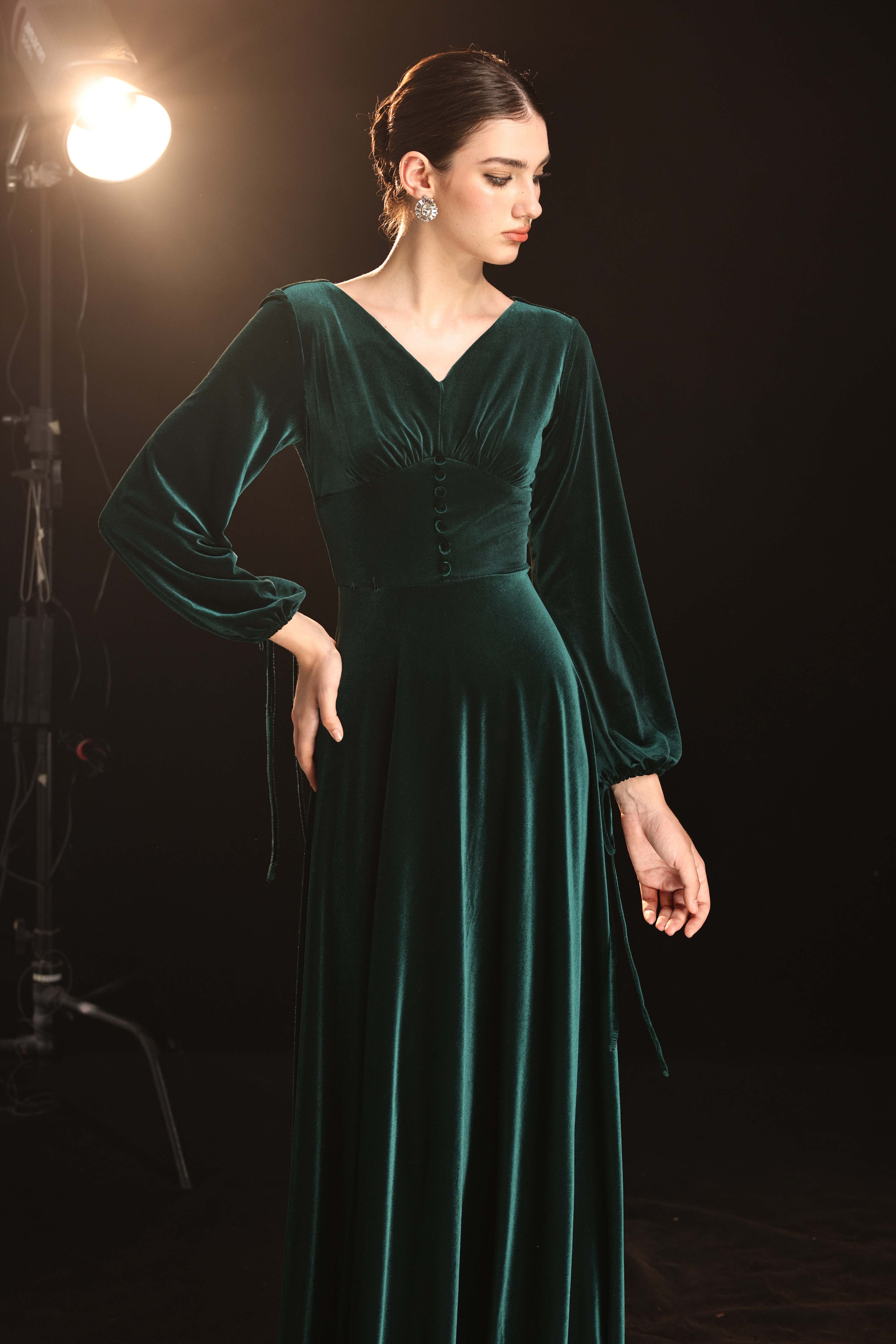 V-neck velvet evening gown