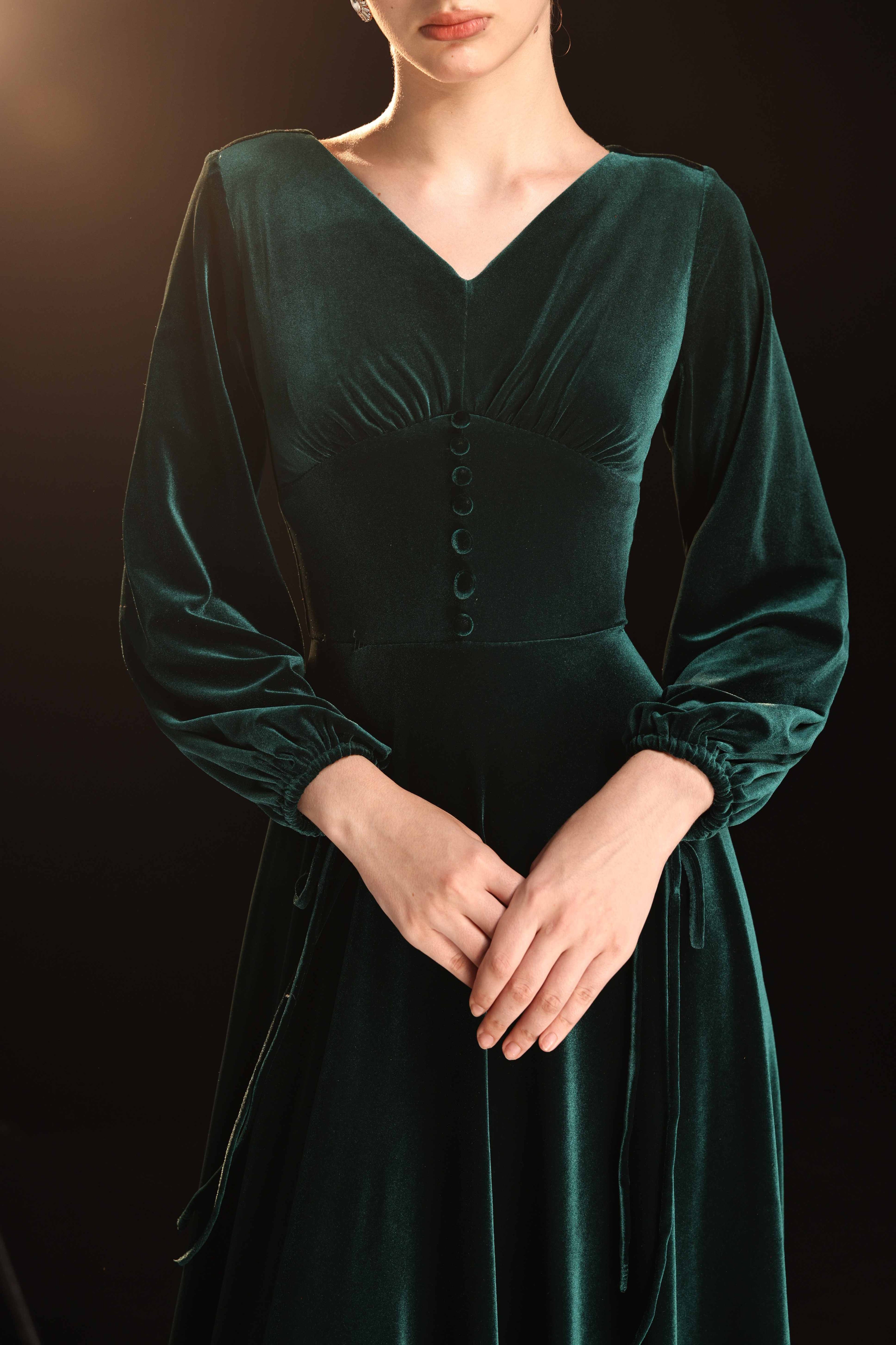 V-neck velvet evening gown
